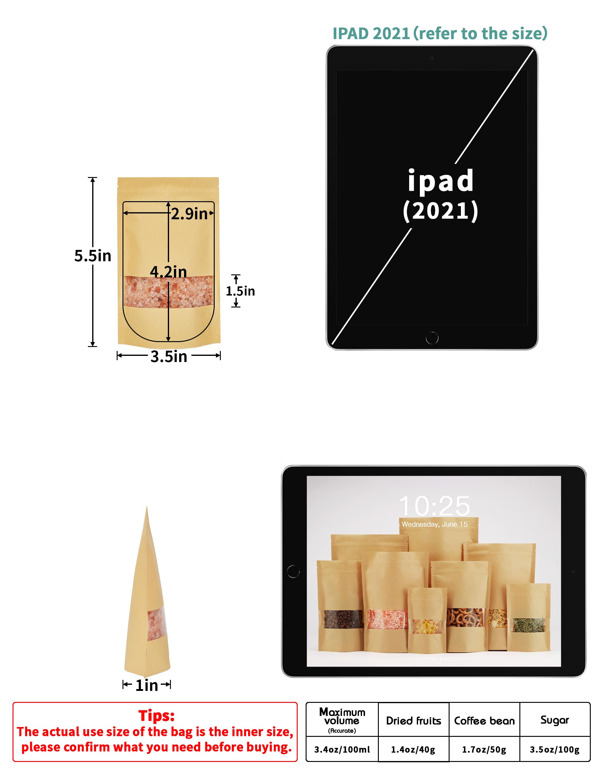 FireKylin 100 Pcs Kraft Paper Bags with Window, 3.5