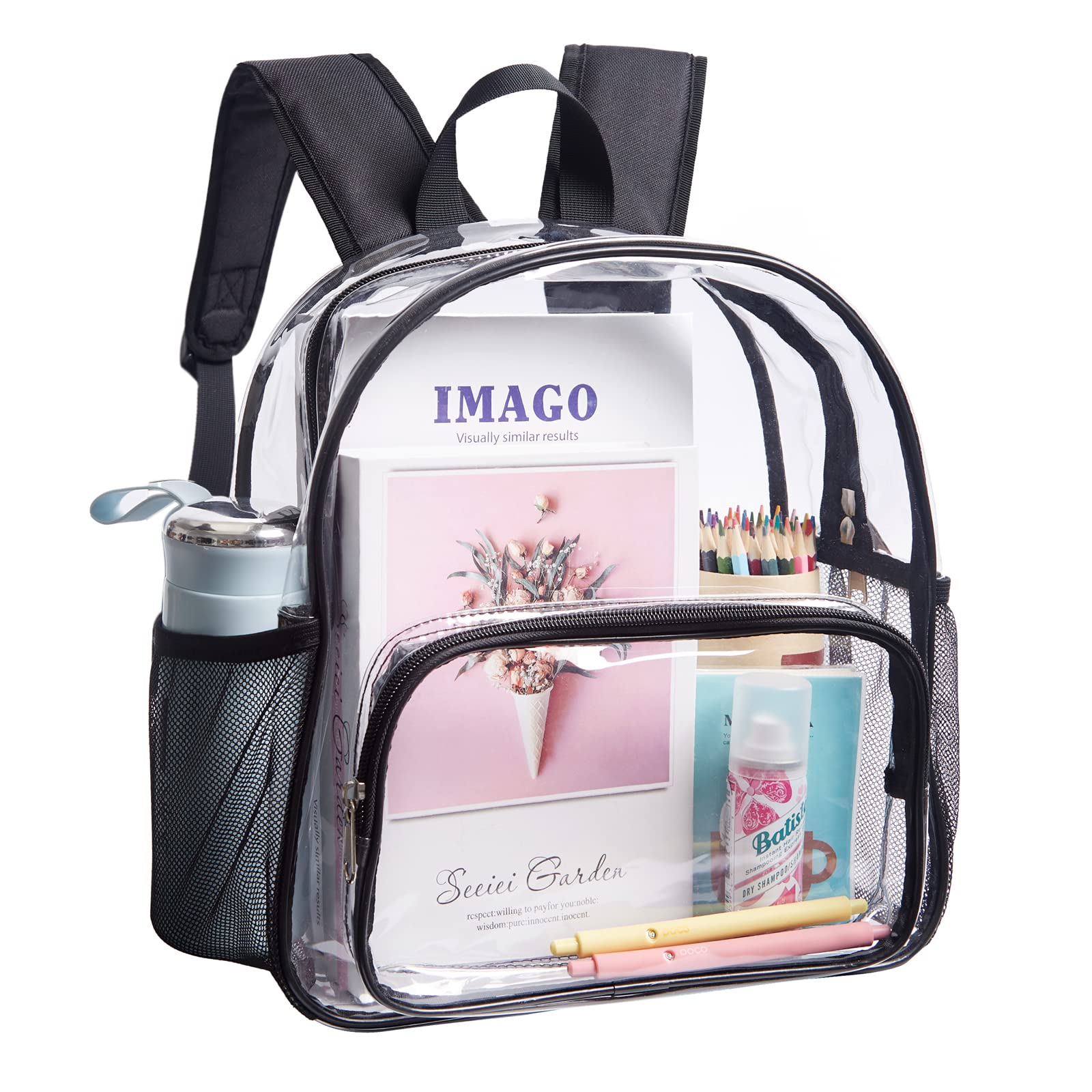 Clear Mini Backpack Stadium Approved - Waterproof Lightweight Heavy Duty Transparent Backpack for Concerts, Security Travel & Sporting Events | Perfect for Music Festivals, Airport Security & Stadium Entry (Black, Medium Size)