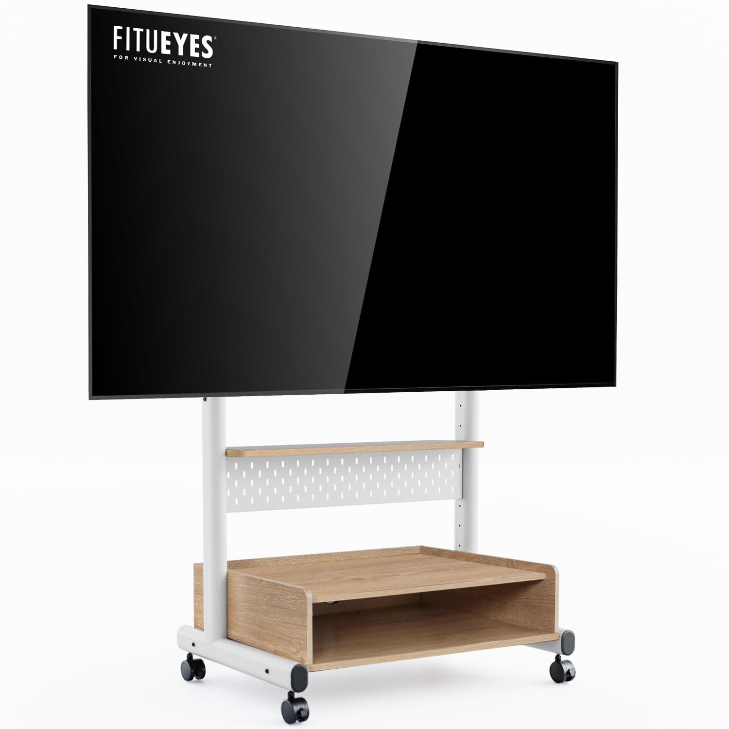 FITUEYES Heavy Duty Rolling TV Stand for 40-85 Inch Flat/Curved Screens - Mobile Corner TV Cart with Mount & Wood Storage Shelf - Holds Up to 132 lbs - Perfect for Living Room, Bedroom, or Office