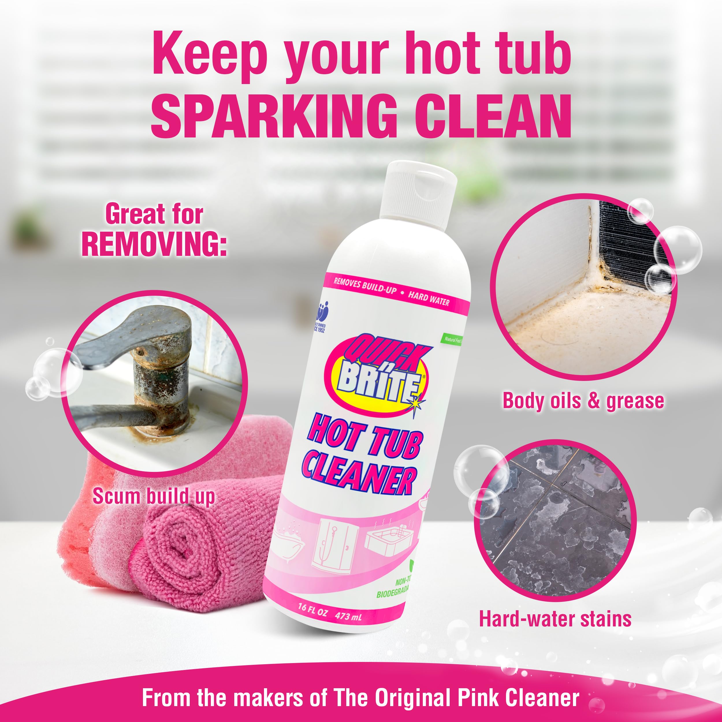 Quick N Brite Heavy Duty Hot Tub Cleaner Kit - Non-Abrasive Cleaning Gel with Sponge & Microfiber Cloth, 16oz | Removes Stains, Scum & Buildup | Safe for All Hot Tub Surfaces | Perfect for Jacuzzis, Spas & Whirlpools (Packaging May Vary)
