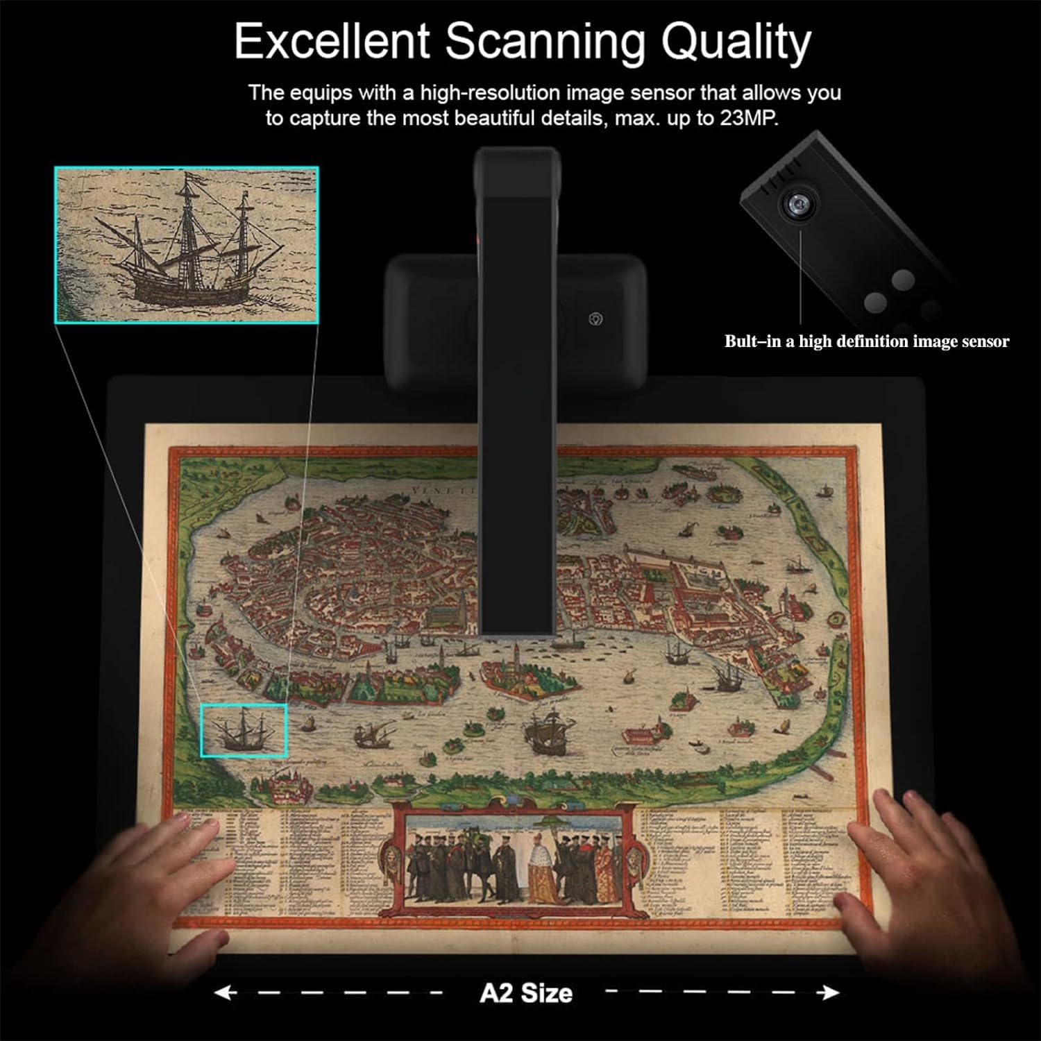 23MP High-Speed Book & Document Scanner with A2/A3 Large Format - Auto Flattening & Fingerprint Removal - Adjustable Height - Multi-Language OCR - Compatible with PC & Mac - Perfect for Office, Library & Archival Digitization Projects