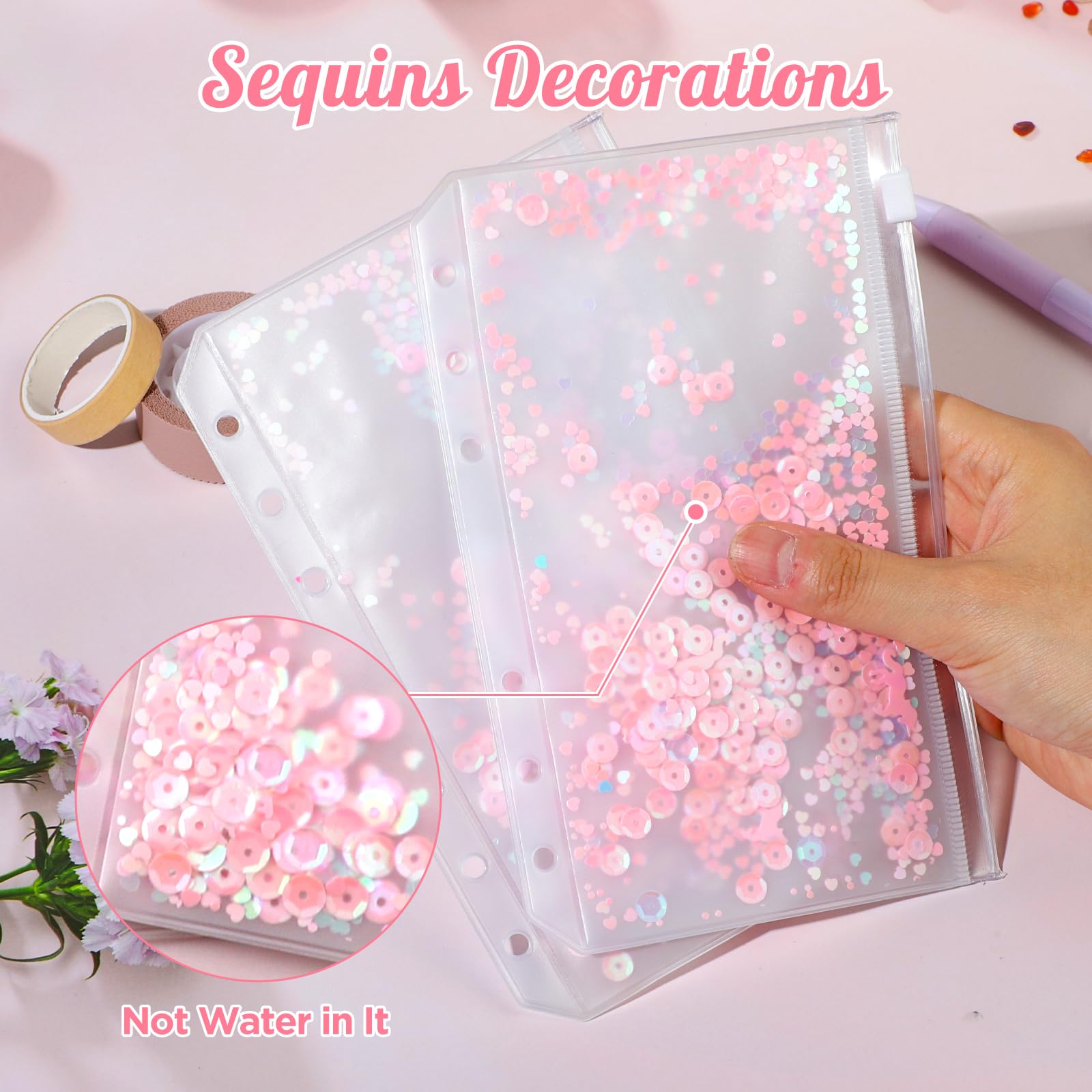 12-Piece A6 6-Ring Binder Pockets - Soft PVC Planner Organizer with Sequins, Zipper Pouches & Cash Envelopes for Budgeting, Filing & Document Storage - Perfect for 6-Ring Binders, Journals & Notebooks (Pink) - Ideal for Office, School & Home Organization