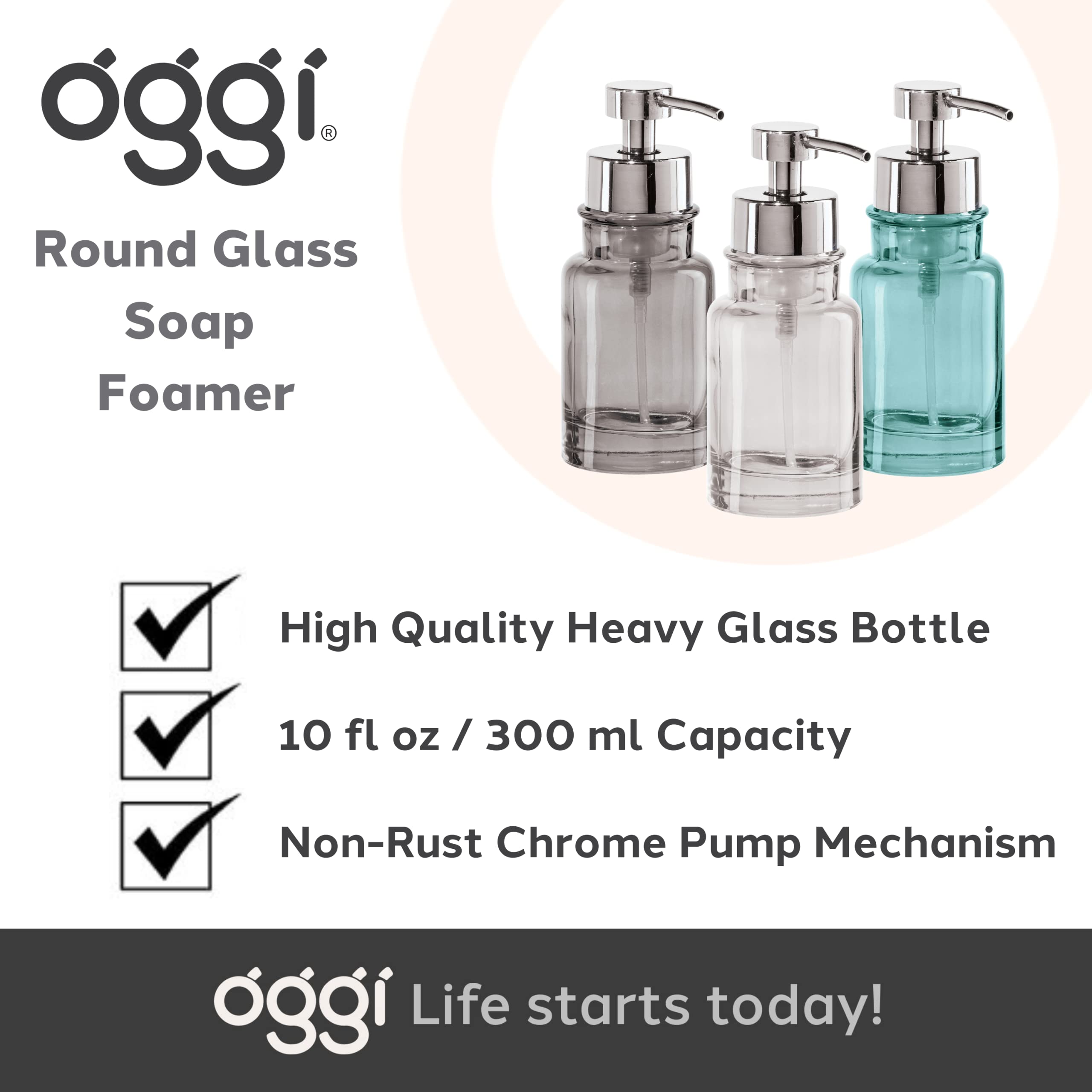 OGGI Glass Foaming Soap Dispenser - 10oz Heavy Glass Refillable Hand Soap Pump for Bathroom & Kitchen - Round Gray/Chrome Design - Perfect for Vanity, Sink Countertop, and Guest Bathroom Decor