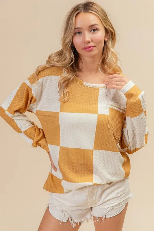 BiBi Checker Printed Hacci Knit Top with Front Pocket - Stylish Casual Wear for Women | Perfect for Everyday Outfits, Office & Weekend Outings