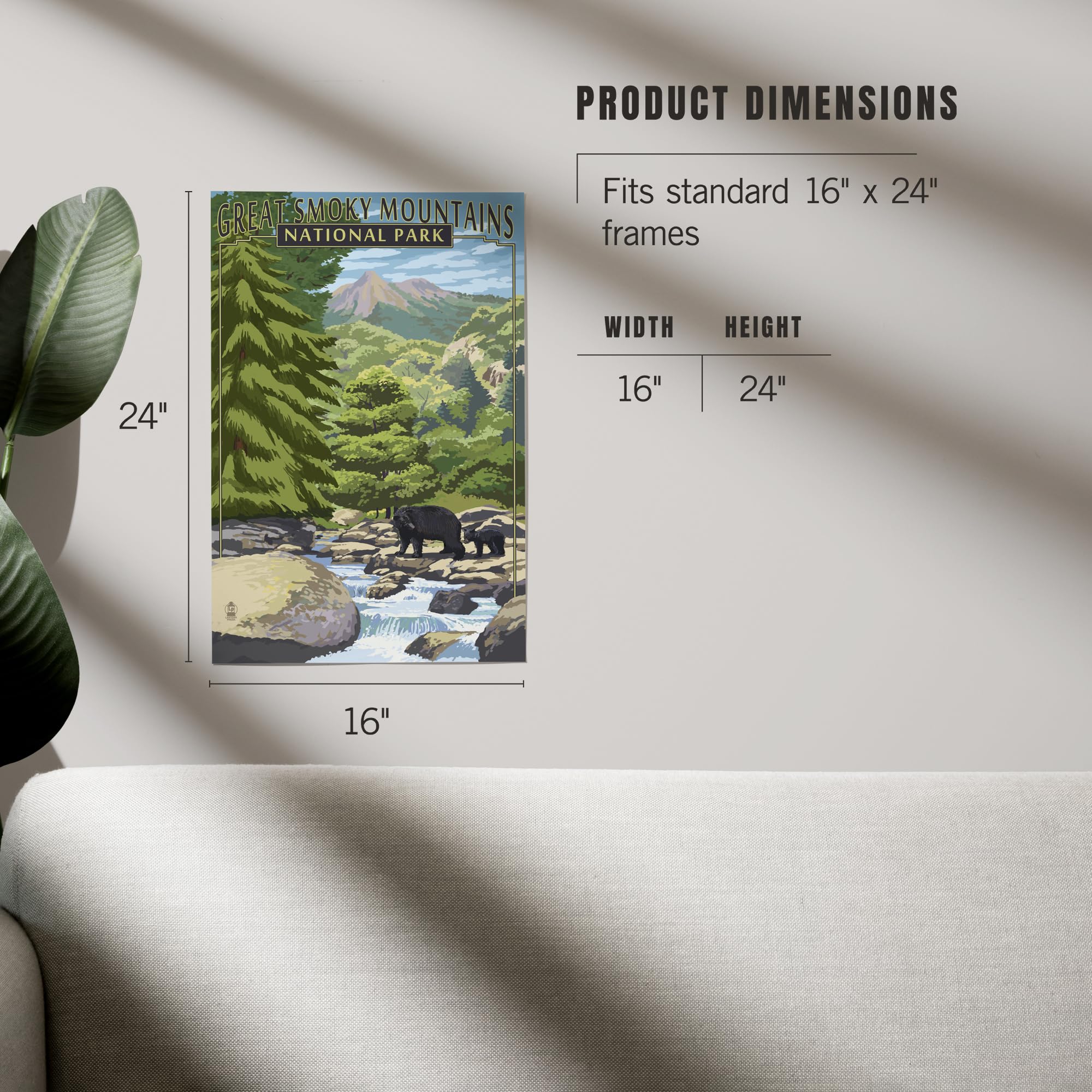 Lantern Press 16x24 Inch Giclee Art Print - Great Smoky Mountains National Park Landscape with Leconte Creek & Bear Family - Premium Wall Decor for Living Room, Bedroom or Office