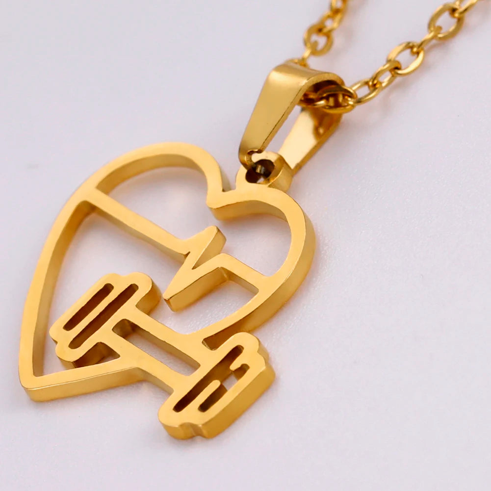 Lucktune Heartbeat Dumbbell Pendant Necklace - Stainless Steel Heart Shaped Fitness Jewelry for Women & Men - Perfect for Workouts, Gym, Valentine's Gift & Everyday Fashion Accessory