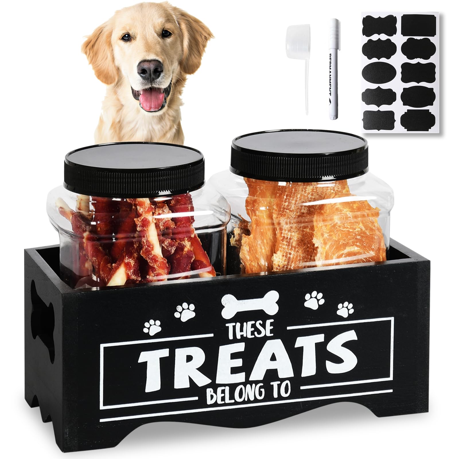 Premium Wooden Pet Treat Storage Container with 2 Airtight Jars - Dog & Cat Food Organizer for Kitchen Countertop - Perfect Gift for Pet Lovers (Black) - Ideal for Treat Storage, Feeding Time & Pet Care Organization
