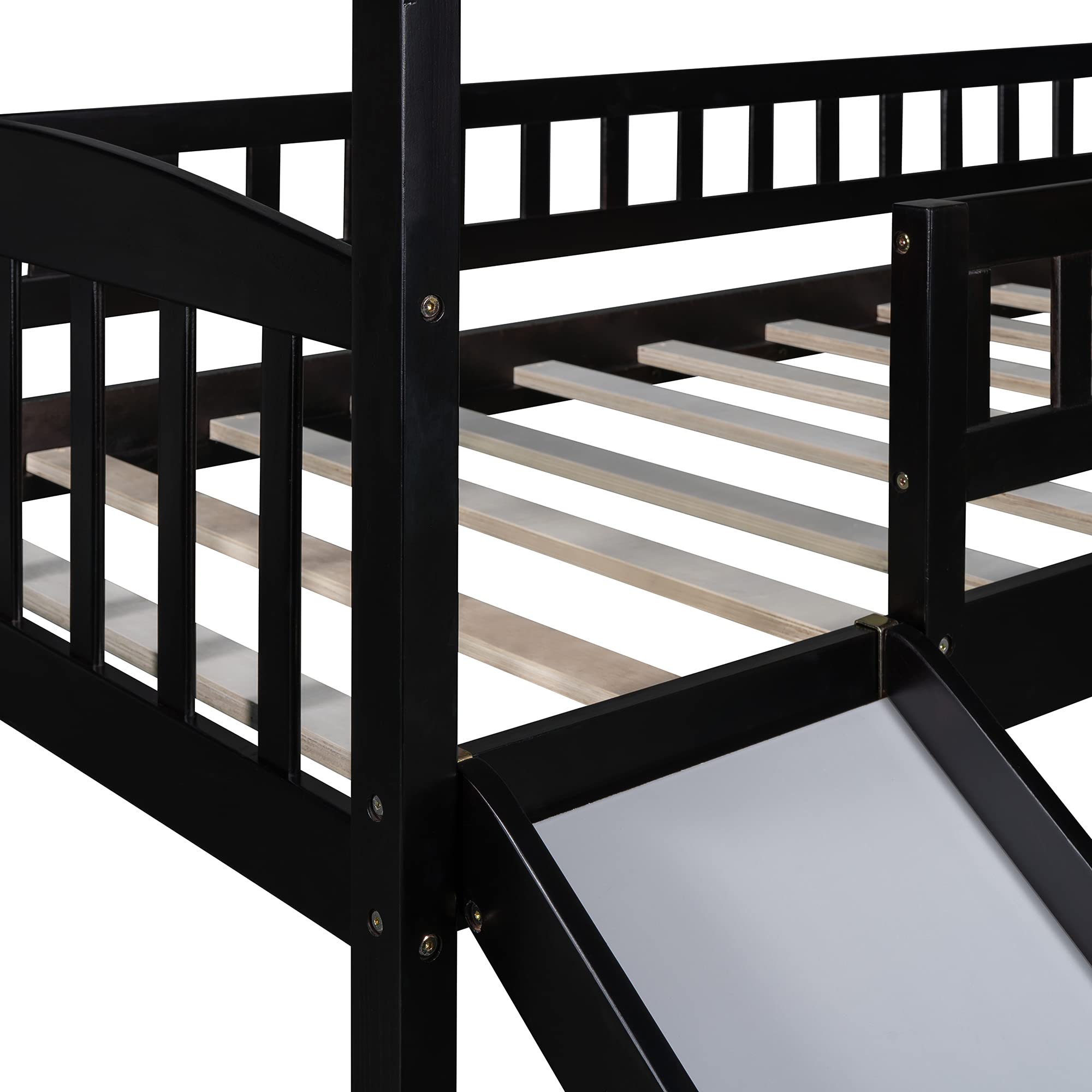 Harper & Bright Designs Twin Loft Bed with Slide & Ladder - Kids House Loft Bed with Roof & Guardrail for Toddlers & Teens - Twin Size Espresso Wood - Perfect for Small Rooms, Playrooms & Sleepovers