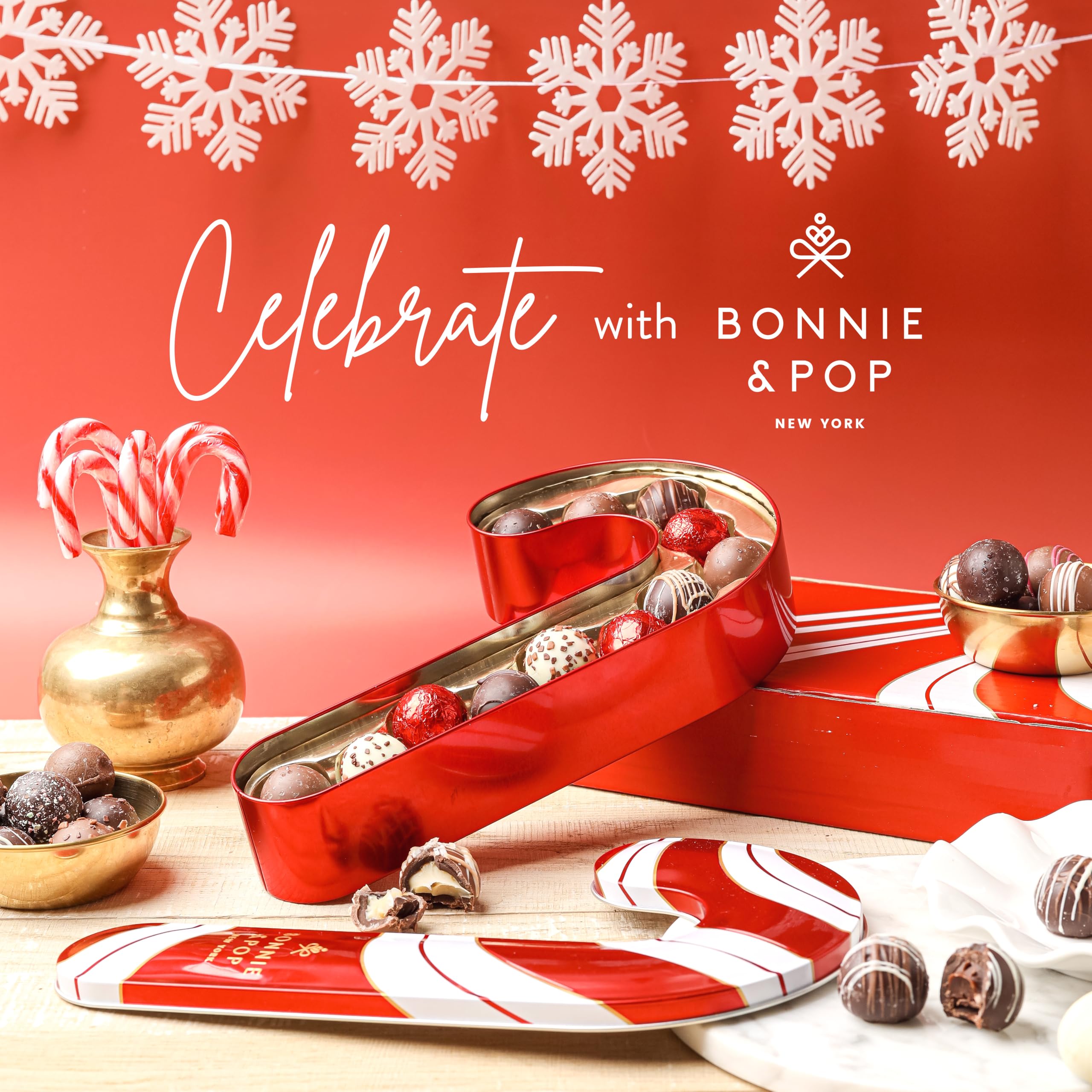 BONNIE AND POP - Luxury Christmas Gift Basket with Gourmet Chocolate Truffles & Candy Canes | Holiday Chocolate Candy Variety Pack | Perfect Stocking Stuffer, Office Gift & Festive Present for Family & Friends