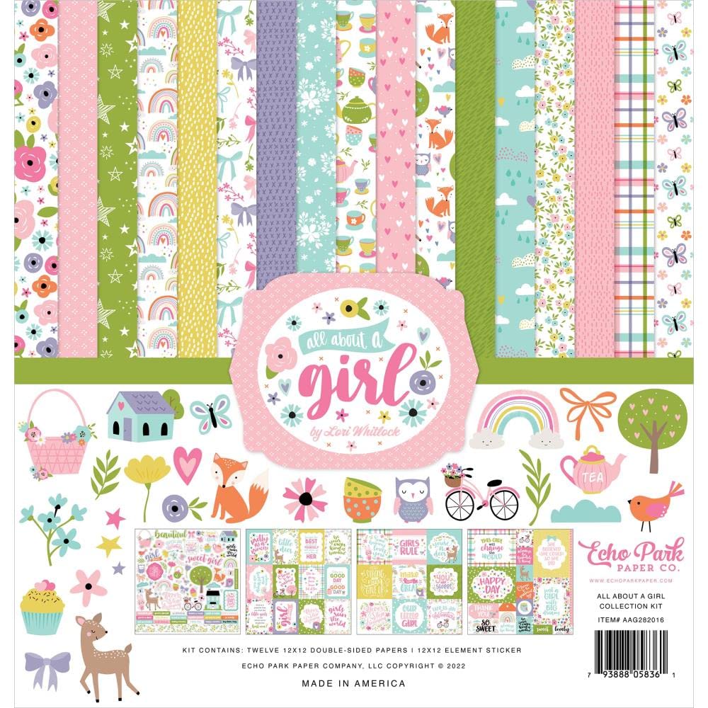 Echo Park Paper All About a Girl 12x12 Scrapbook Collection Kit with Cardstock Elements Sticker Sheets - Perfect for DIY Scrapbooking, Memory Albums, and Paper Crafting Projects