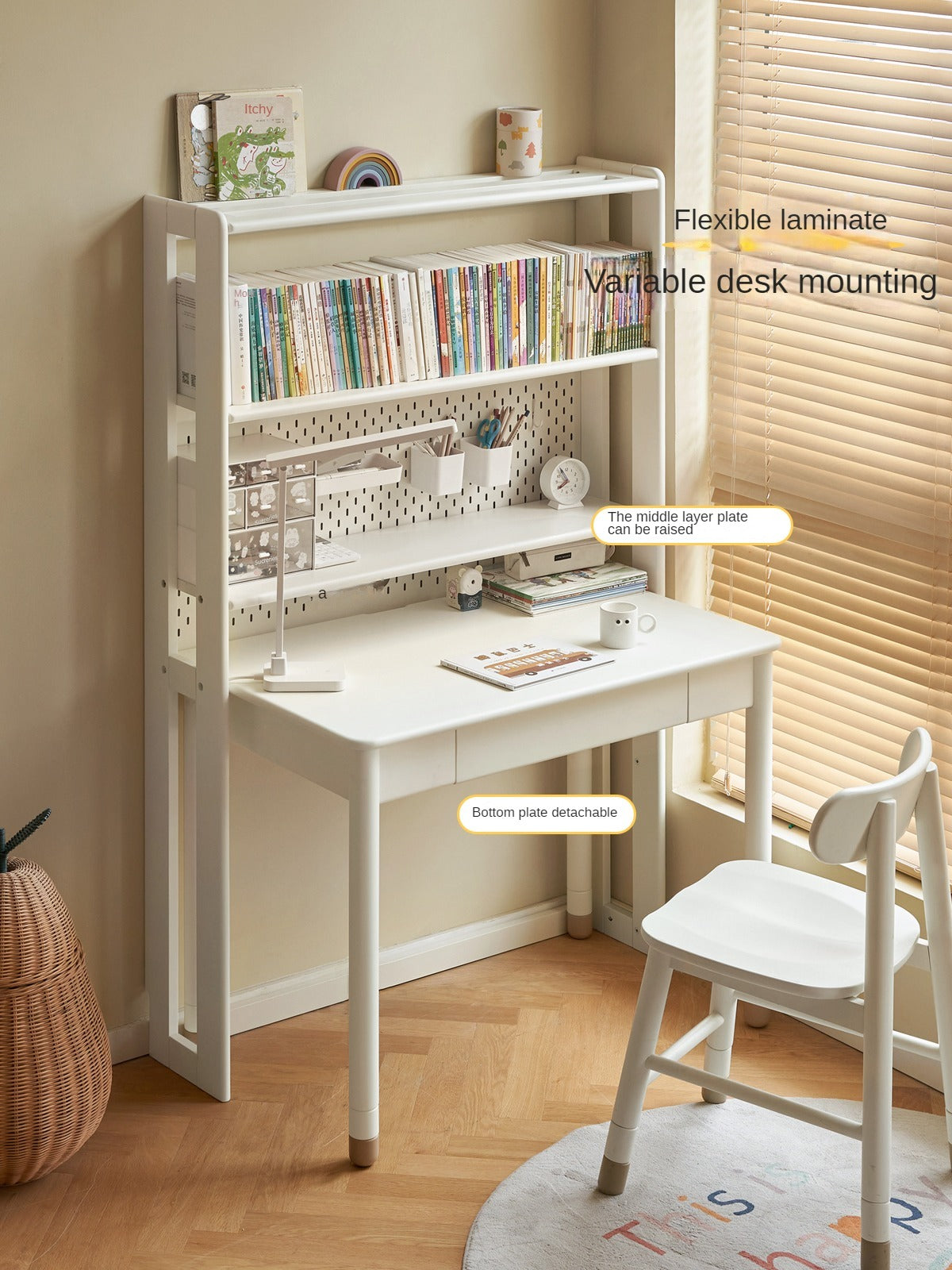 Birch Solid Wood Bookshelf - Modern Cream Floor Standing Bookcase with Adjustable Study Desk for Kids | Perfect for Children's Bedroom, Nursery, and Home Office Organization