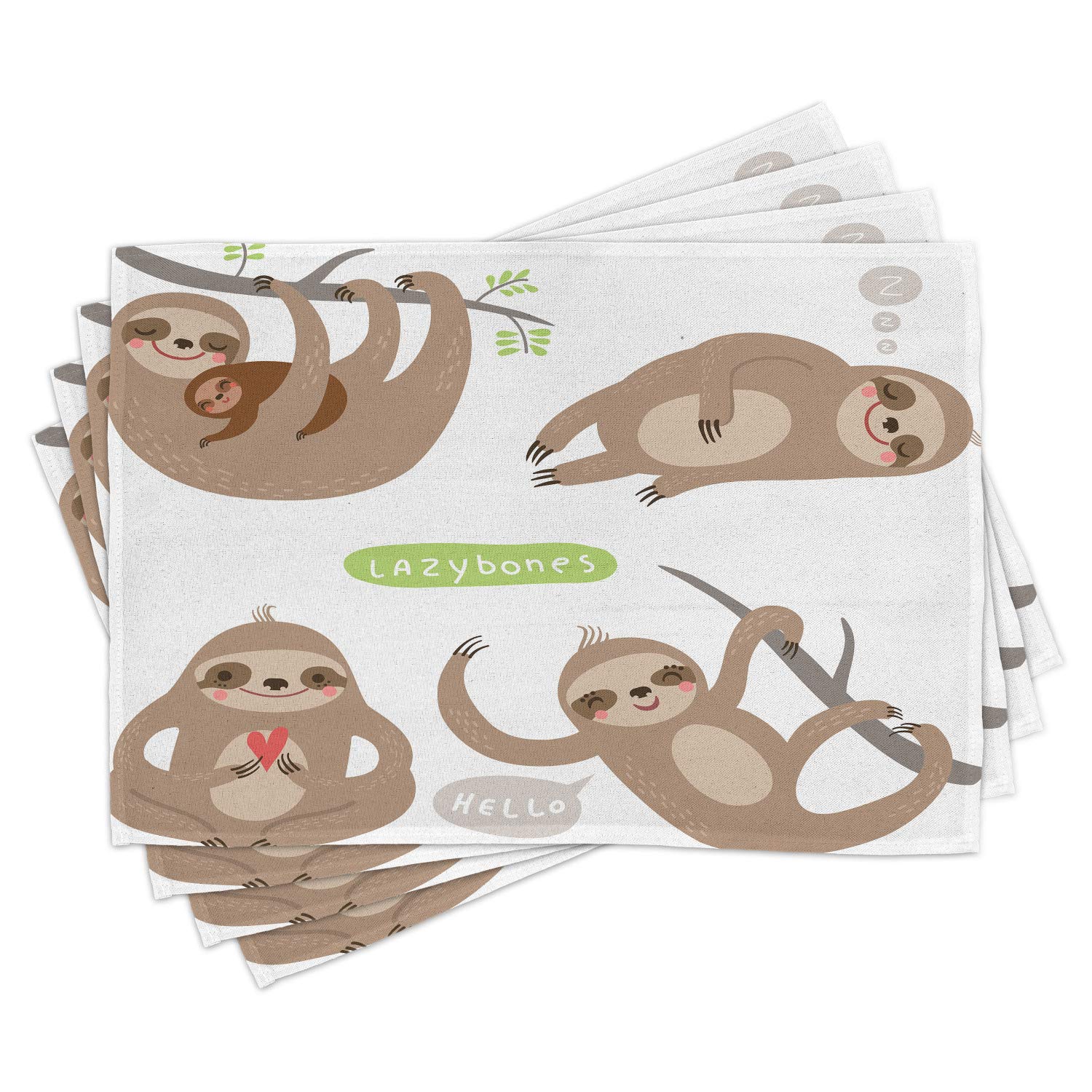 Ambesonne Sloth Place Mats Set of 4 - Funny Lazy Sloths Hugging Family Design, Washable Fabric Table Mats for Dining Room & Kitchen Decor in Pale Brown Grey Green - Perfect for Family Dinners, Kids Meals, and Cozy Home Decor