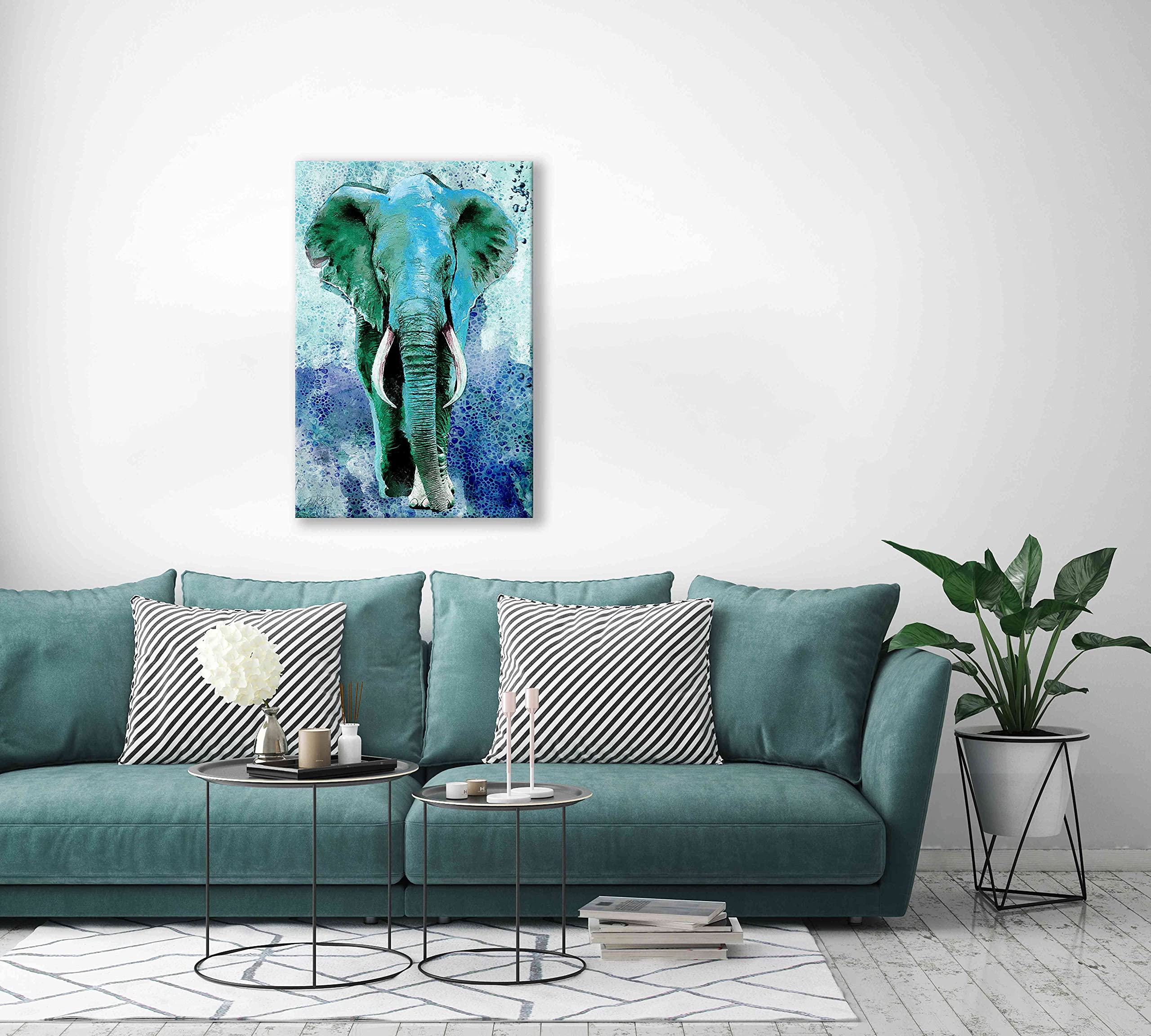 Waterproof Elephant Wall Art for Bedroom, Turquoise Paintings for Living Room, Original Teal Decor for Bathroom, Wood Framed 24x36 - Perfect for Home, Office, and Spa Decor