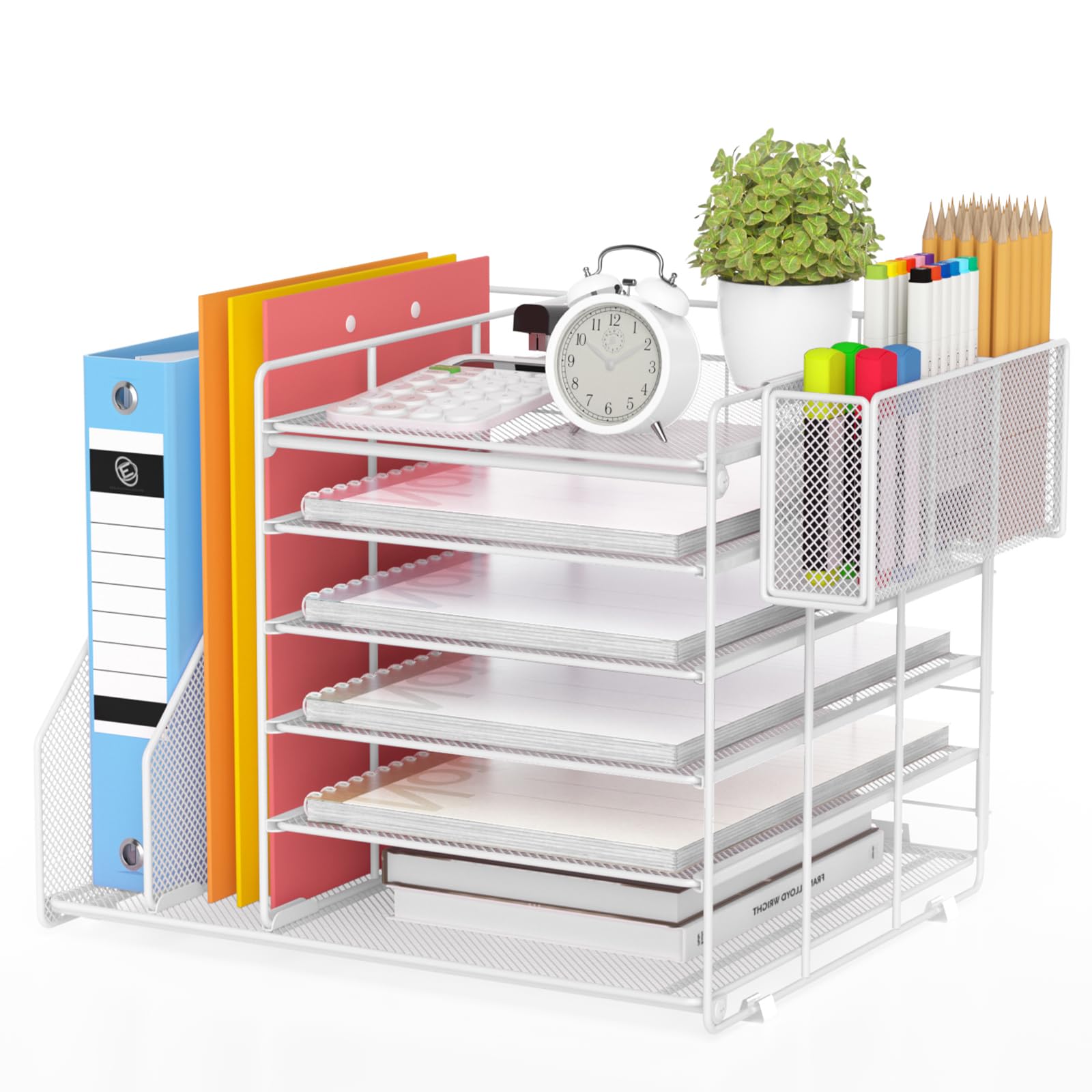 6-Tier Mesh Desk Organizer with File & Pen Holders - White Office Paper Tray for Workspace Organization | Perfect for Home Office, Study Desk & Office Workstation Accessories