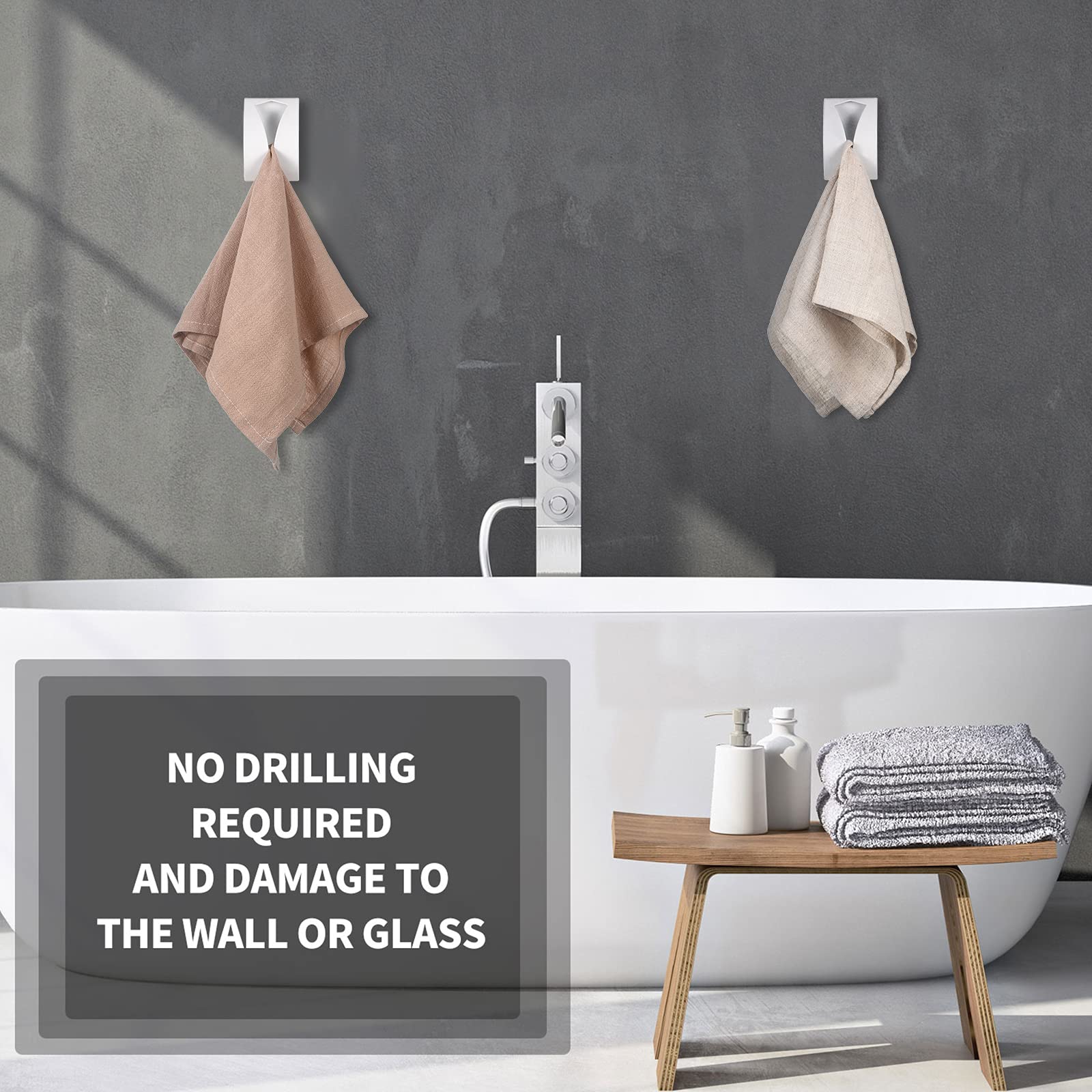 4 Pack Self Adhesive Stainless Steel Towel Hooks - No Drill Wall Mount Hangers for Kitchen, Bathroom & Laundry - Strong Hold for Towels, Robes & Utensils - Perfect Space Saving Solution for Home Organization (White)