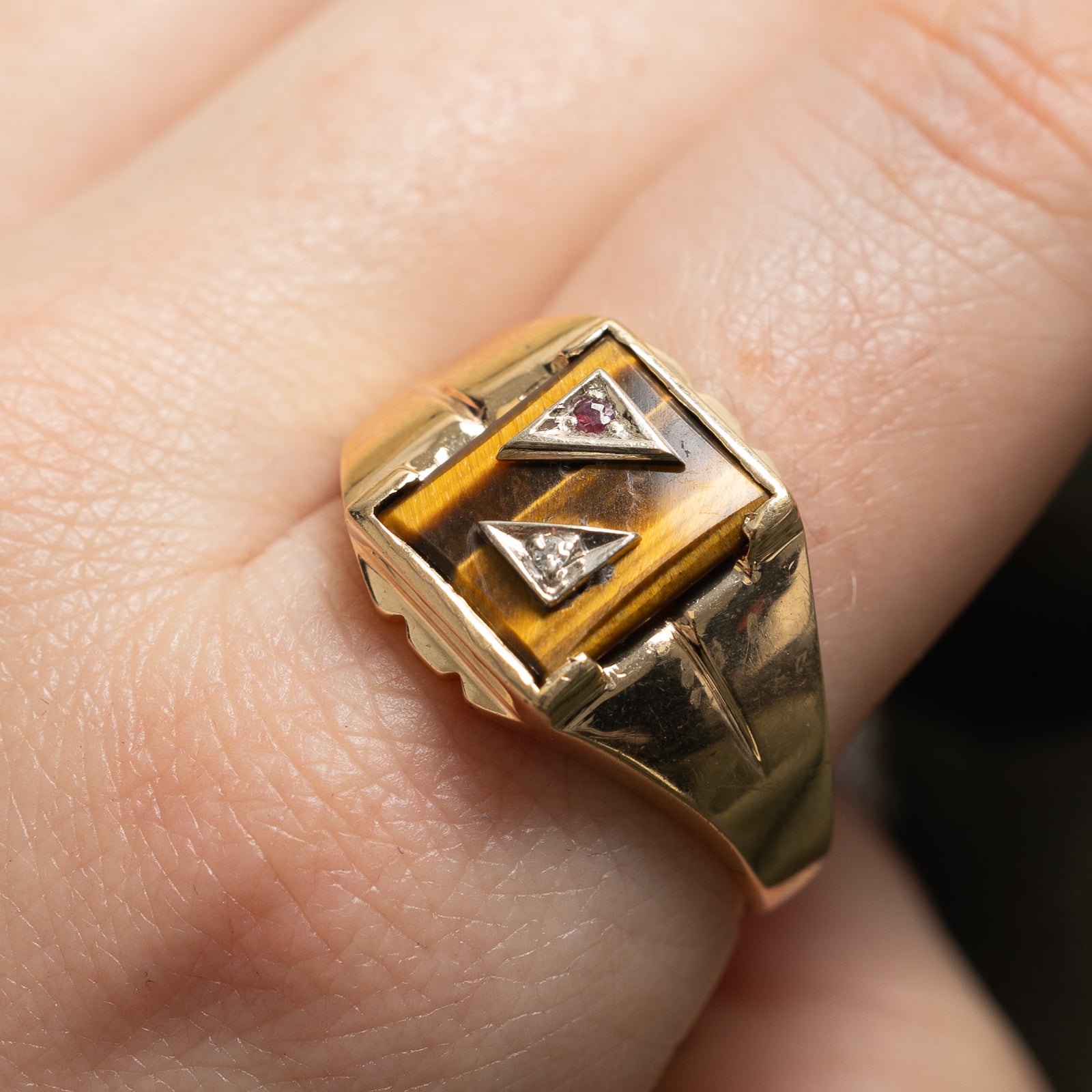Tiger's Eye Signet Ring for Men - 2.00ct Genuine Stone with 0.01ct Diamond Accents - Size 12.5 - Elegant Statement Jewelry for Weddings, Gifts & Everyday Wear