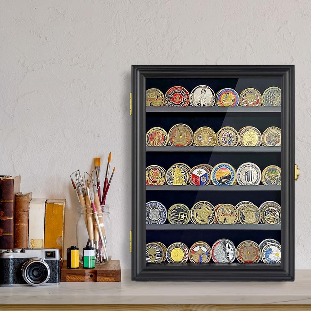LIUYALO Lockable Shadow Box Display Case - Wall Mounted Medal & Military Challenge Coin Holder with Removable Shelves | Perfect for Collectors, Military Pins, Awards & Memorabilia Organization | Home, Office or Military Barracks Decor