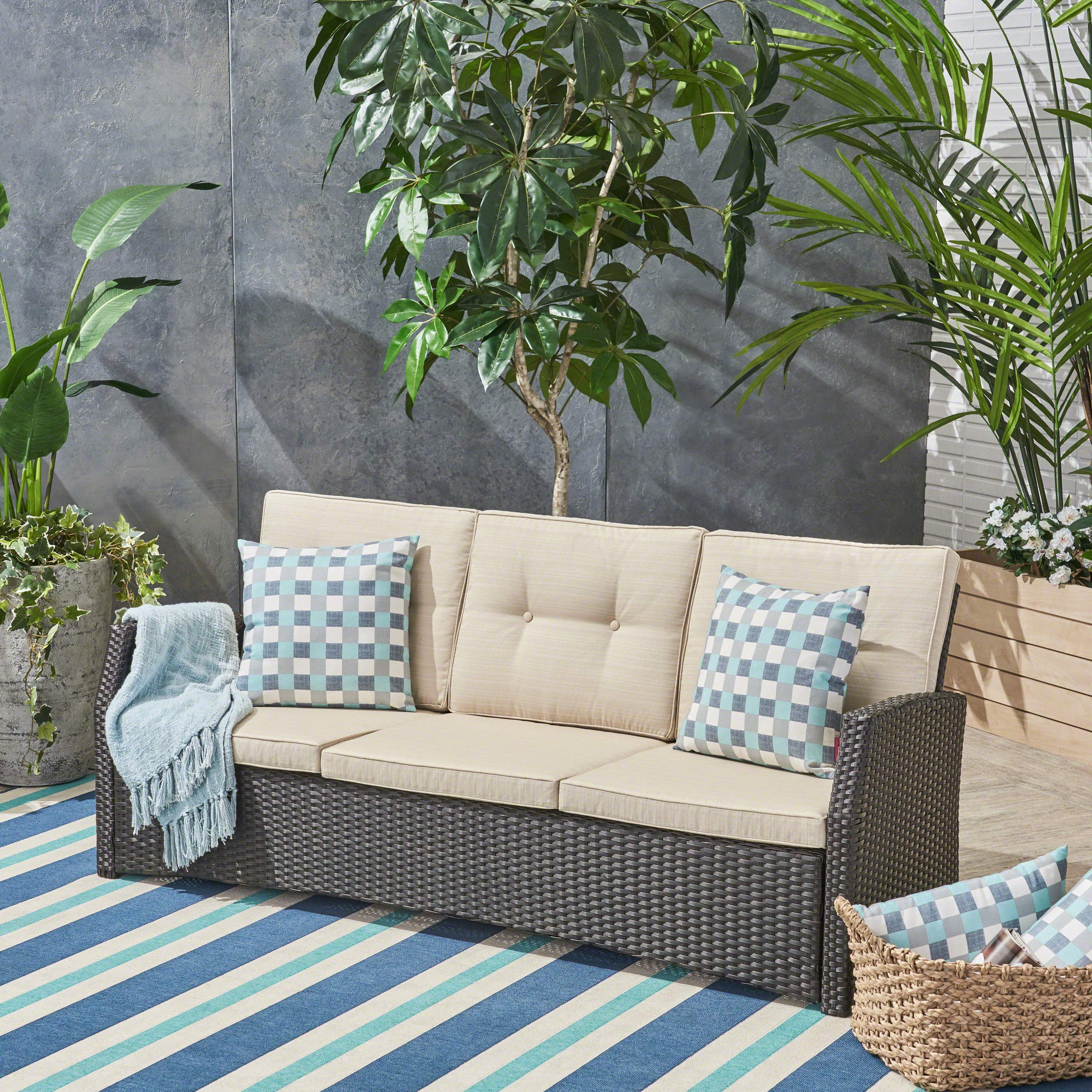 Christopher Knight Home Amigo Outdoor 3-Seater Wicker Sofa Set - Dark Brown Rattan Patio Furniture with Beige Weather-Resistant Cushions | Perfect for Garden, Poolside & Backyard Relaxation