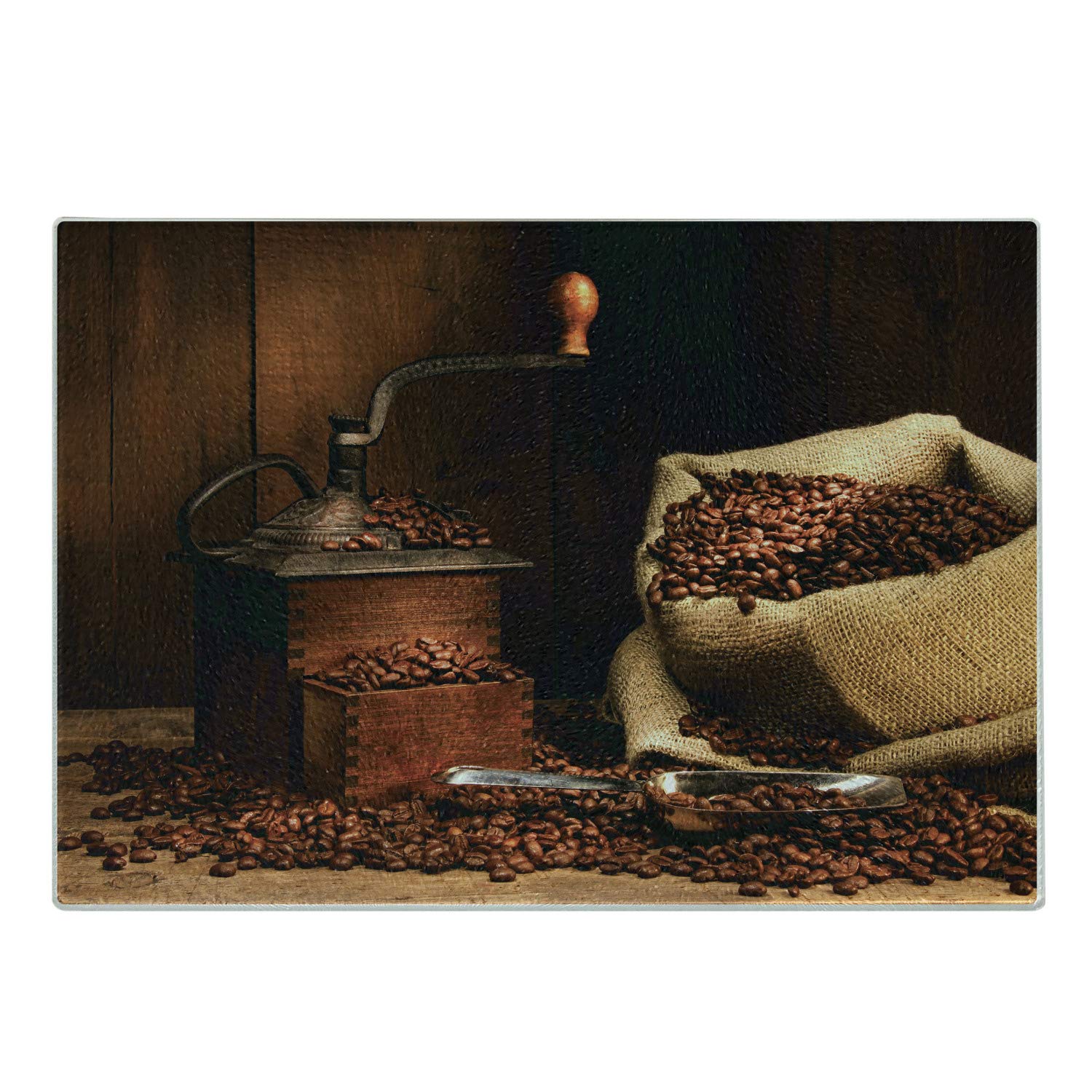 Vintage Style Ambesonne Coffee Cutting Board - Antique Grinder with Beans Design on Tempered Glass, Wooden Back, Small Size (Cinnamon Charcoal Grey) - Perfect for Coffee Themed Kitchens, Serving Charcuterie & Decor