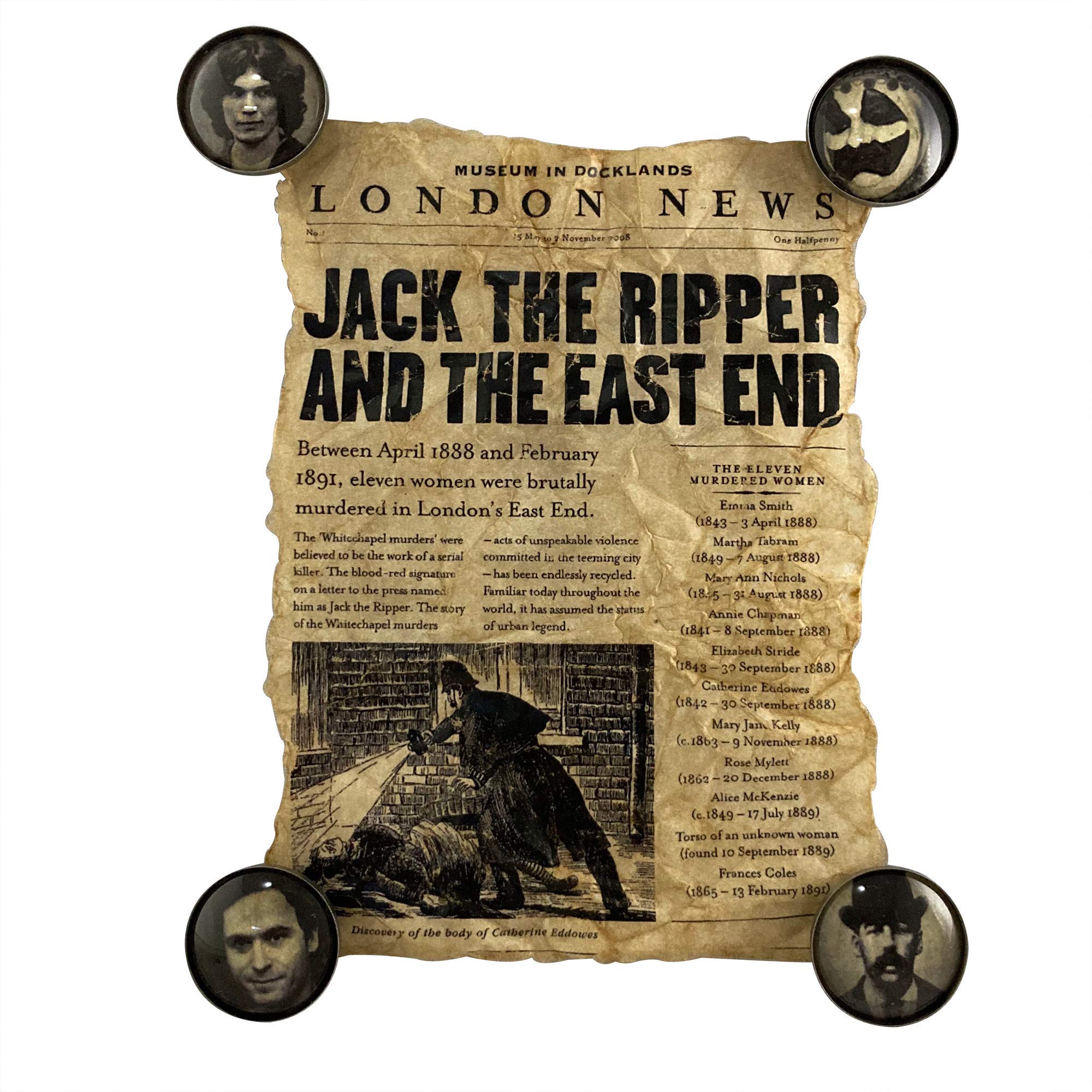 Vintage Serial Killer Newspaper Collection with Magnets - Jeffrey Dahmer, Ted Bundy, Charles Manson, John Wayne Gacy - True Crime Memorabilia for Home Decor, Office Display, and Crime History Enthusiasts