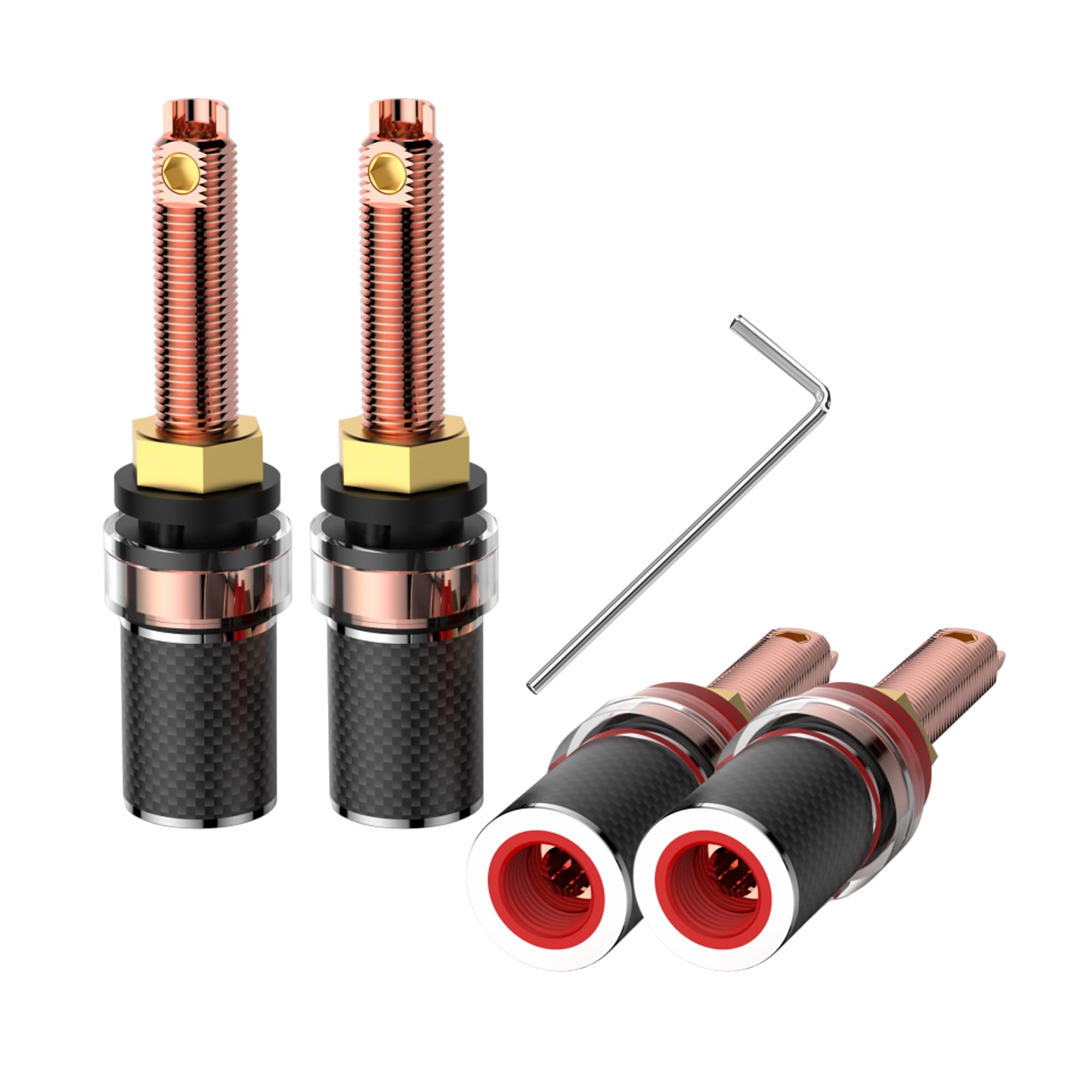 Premium Viborg BP614 4X Hi-Fi Speaker Binding Posts - Pure Copper Banana Plugs with Screw Lock, Carbon Fiber Body & Color Coding for Audiophile Systems | Ideal for Thick Baffle Speakers, Home Theater & Studio Setups