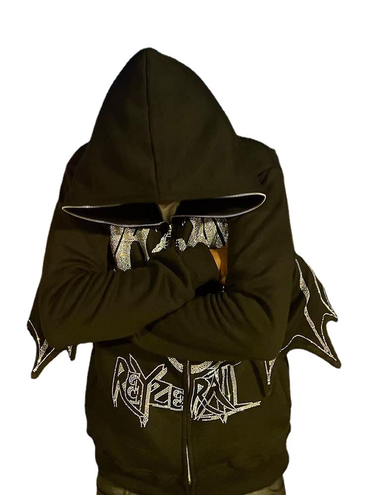 Y2K Men's Fashion Streetwear Zip-Up Hoodie with Fire Dragon Rhinestone Design - Unisex Sports Jacket for Casual Wear & Street Style