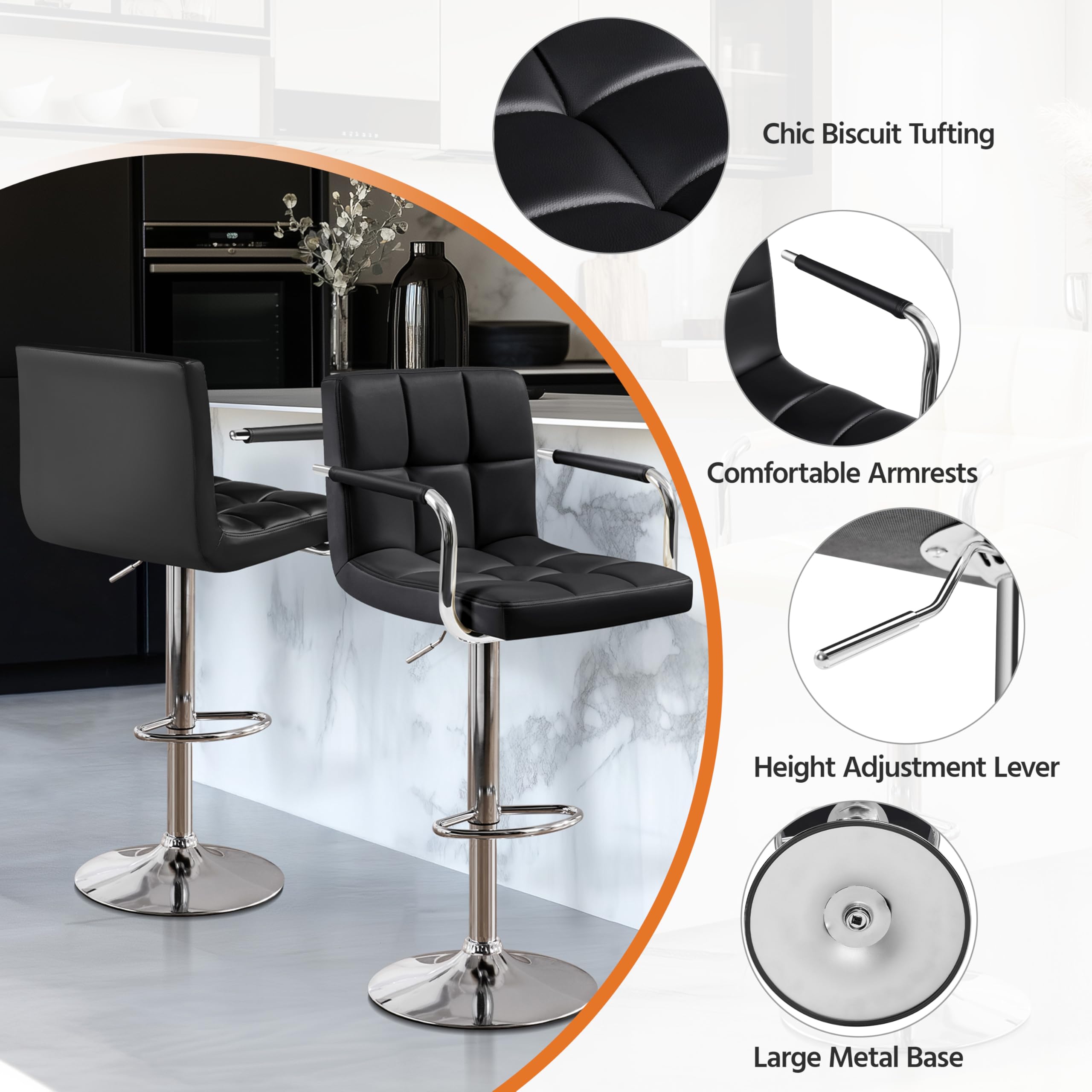 Yaheetech 2-Pack Adjustable Swivel Bar Stools with PU Leather Seat - Hydraulic Height Counter Stools with Armrest & Back Support for Kitchen, Bar & Dining Room - Perfect for Breakfast Nook, Home Bar & Entertainment Areas - Black