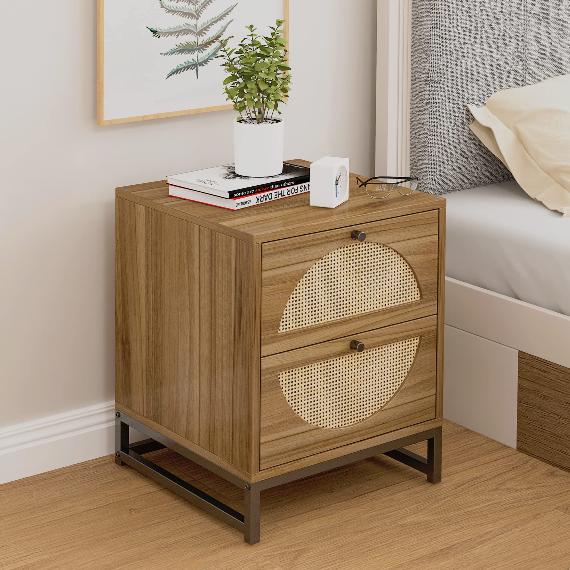 Farmhouse Nightstand with 2 Rattan Drawers - Wooden Side Table with Storage for Bedroom & Living Room - Rustic Brown Accent Cabinet for Small Spaces - Perfect as Bedside Table, End Table or Entryway Storage