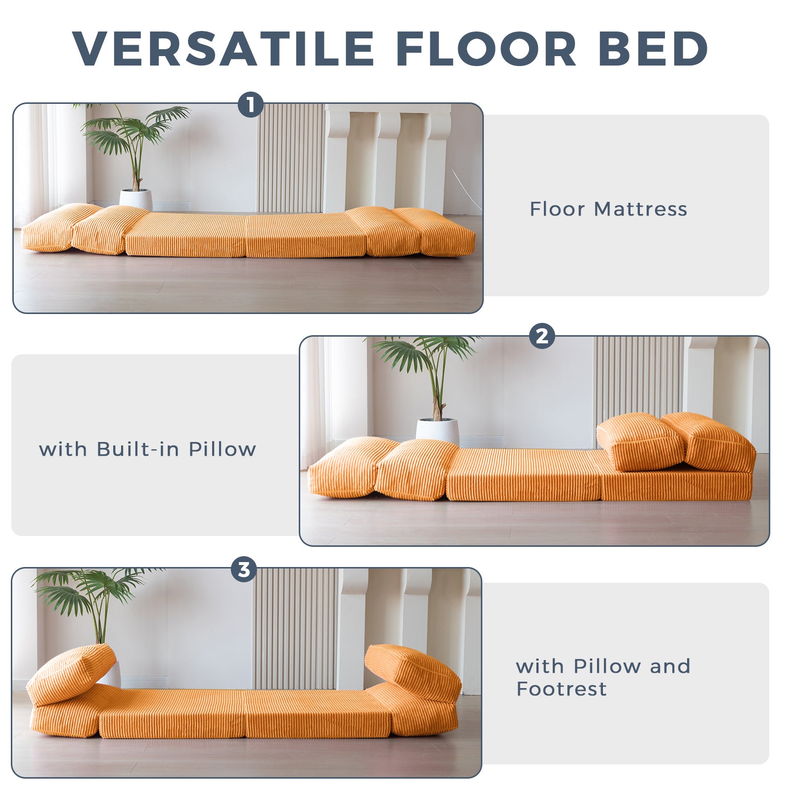 MAXYOYO Corduroy Extra Wide Foldable Bean Bag Sofa Bed - Convertible Floor Mattress for Living Room, Bedroom & Guest Room (Orange)