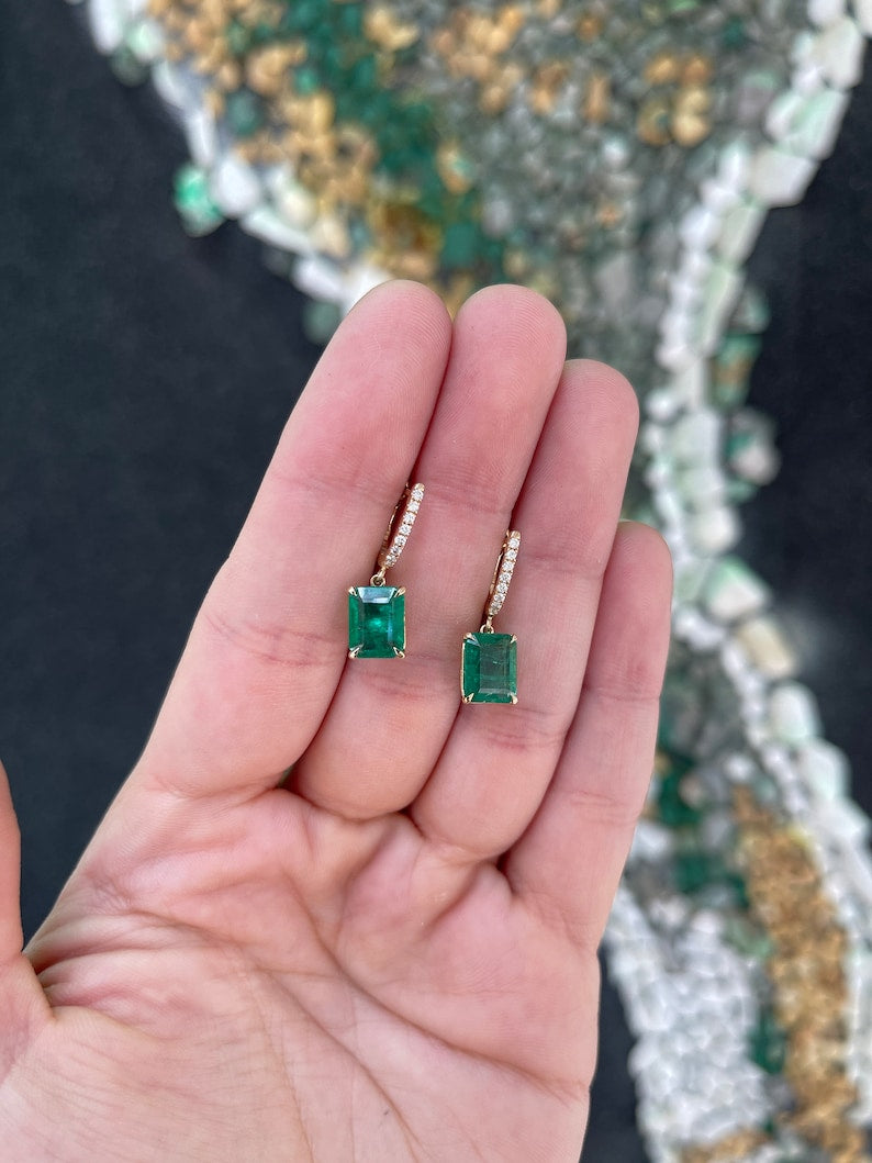 14K Gold Lush Green Emerald & Diamond Accent Knife Edge Huggie Dangle Earrings | 4.40tcw | Elegant Jewelry for Women | Perfect for Weddings, Parties & Special Occasions