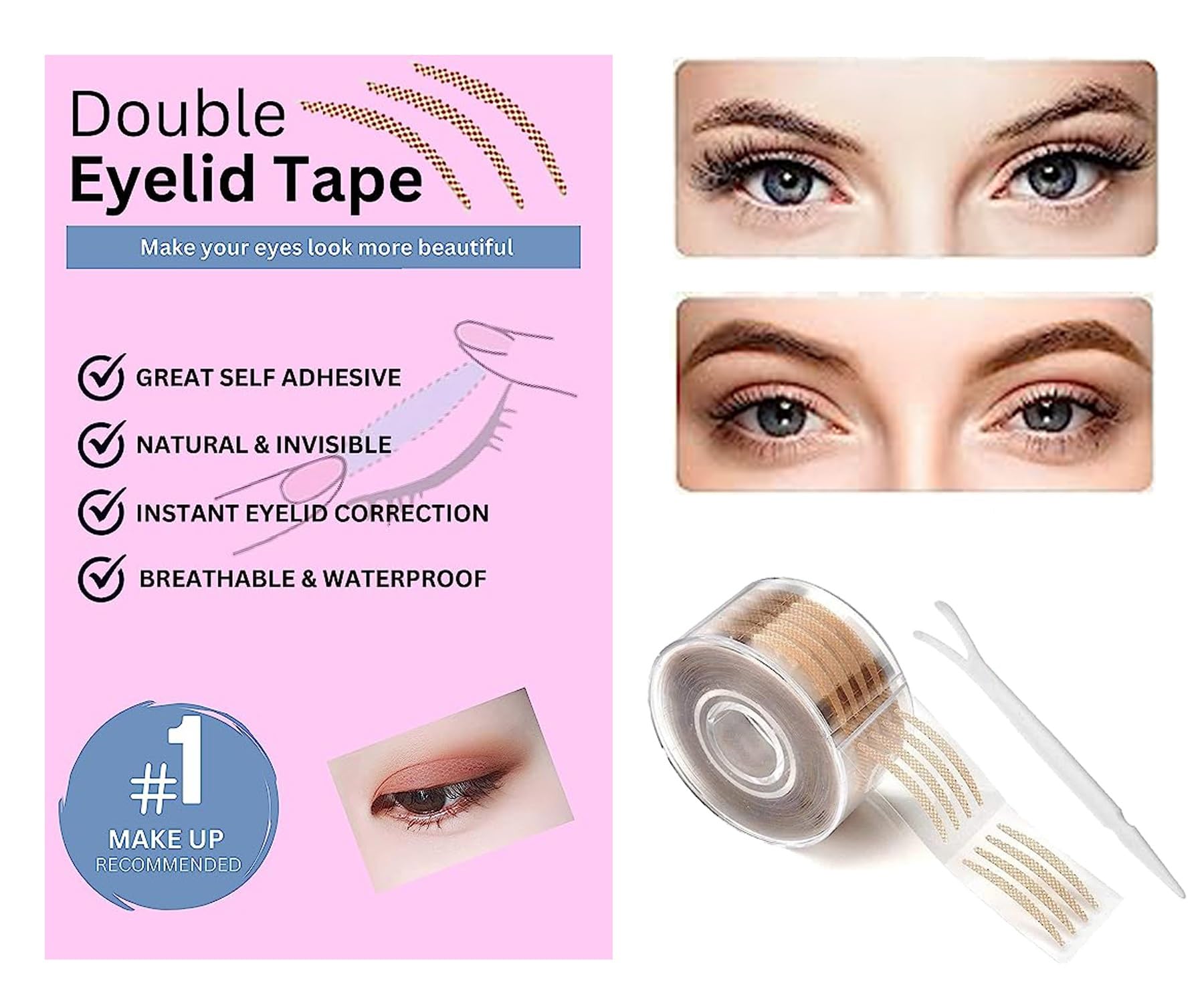 OPTIYORK 600 Pairs Invisible Waterproof Eyelid Tape for Double Eyelid & Hooded Eyes - Makeup Sticker Strips with Fork Tool for Natural Eye Lift & Makeup Enhancement - Perfect for Daily Use, Cosplay, and Professional Makeup