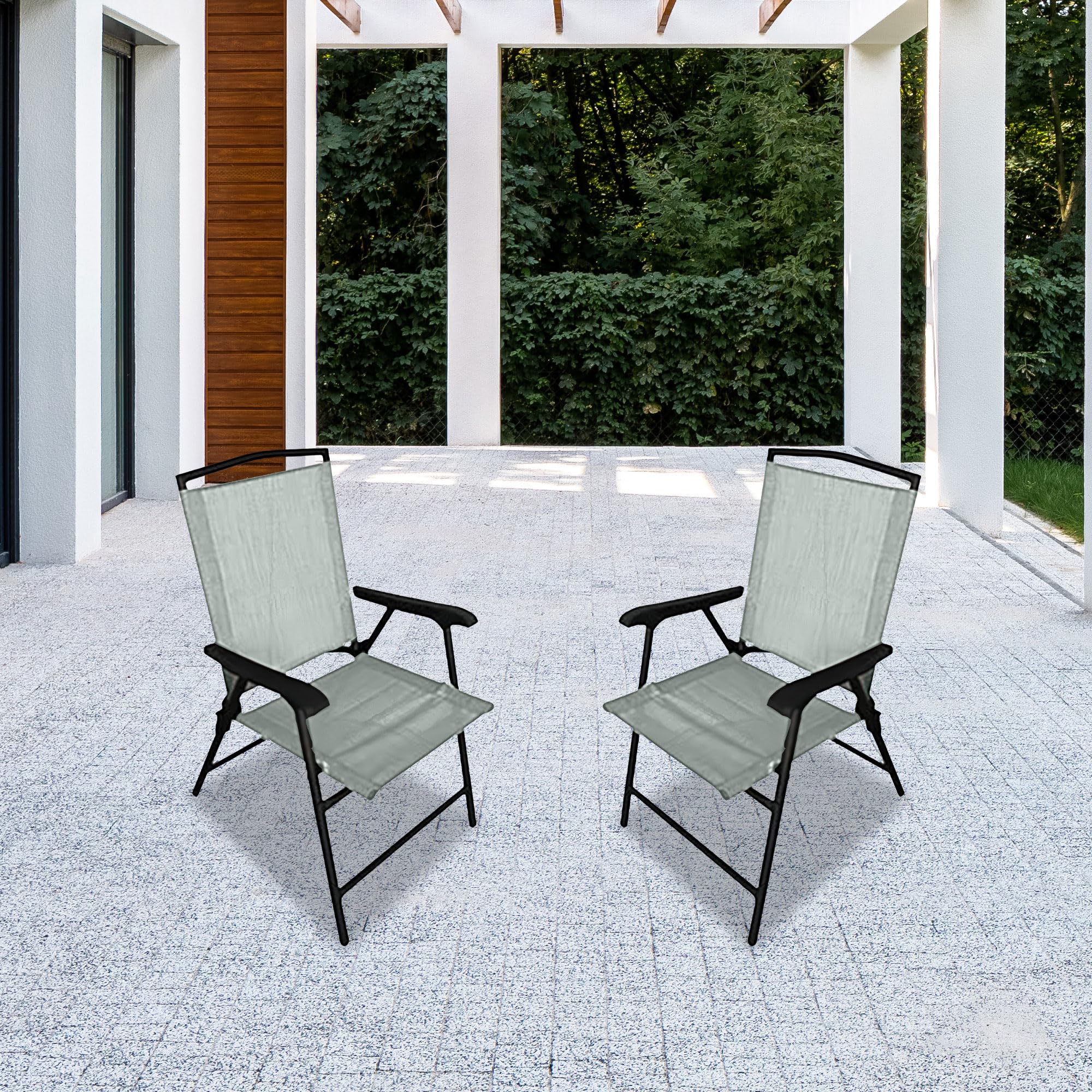 Foldable Outdoor Patio Chairs with Steel Frame & Sling Fabric - 4 Pack Green Armchairs for Backyard, Poolside, Garden & Deck Relaxation