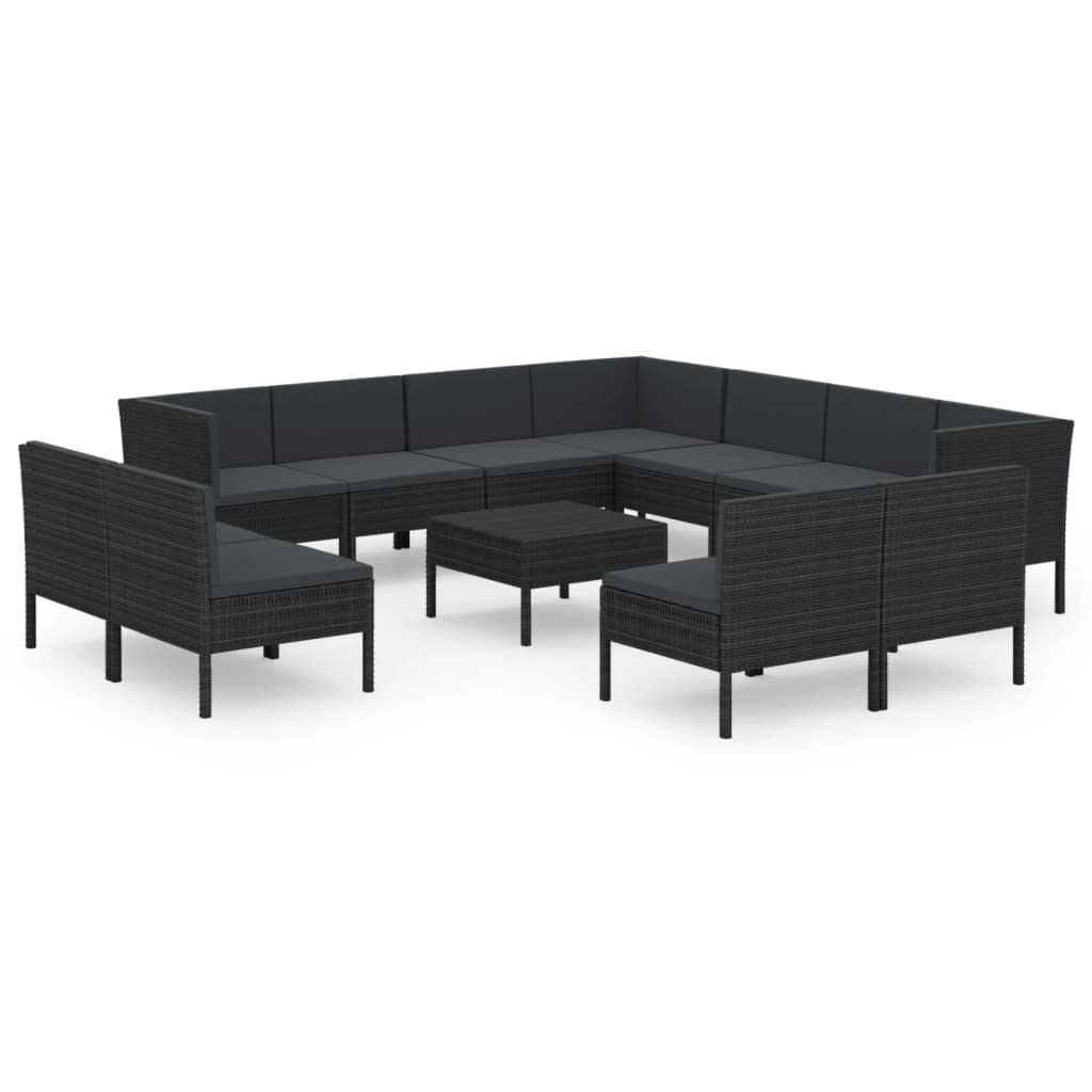 vidaXL 12-Piece Patio Lounge Set with Cushions - Black Poly Rattan Outdoor Garden Sofa Seating Furniture for Terrace, Backyard & Poolside Relaxation