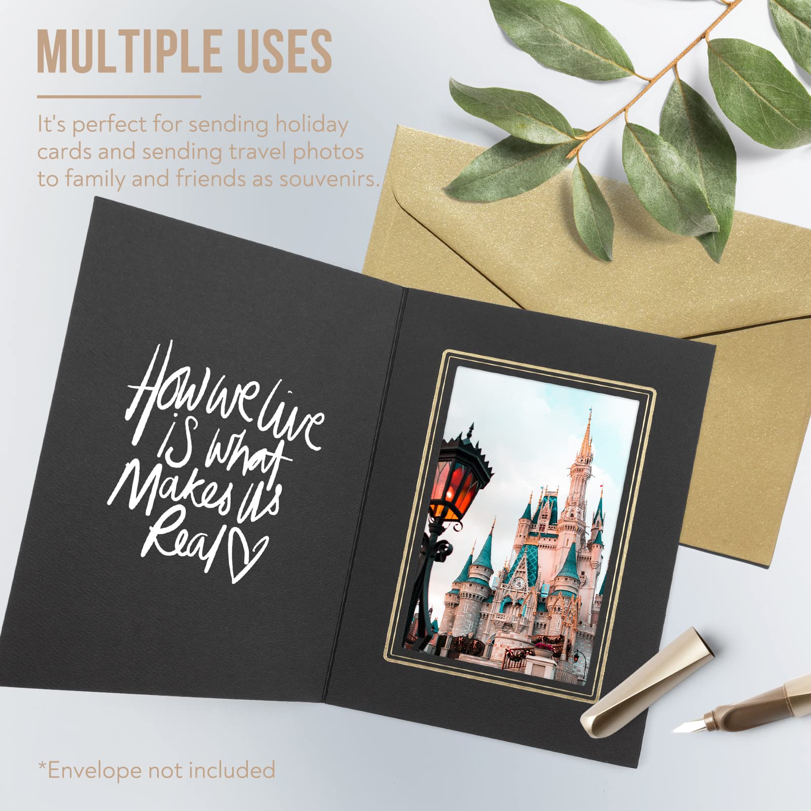 Golden State Art 4x6 Photo Folders - Pack of 10 Cardboard Picture Frames with Gold Lining for Greeting Cards & Invitations | Perfect for Graduation, Christmas, Wedding & Special Events (Black with Gold Trim) | Display Memories, Party Decor, Gift Enclosures