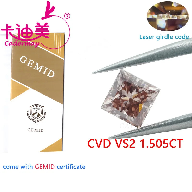 CADERMAY Square Cut EX Fancy Pinkish Brown CVD Lab Grown Diamond - VS2 Clarity Loose Gemstone for Jewelry Making | Engagement Rings, Necklaces & Custom Jewelry Designs