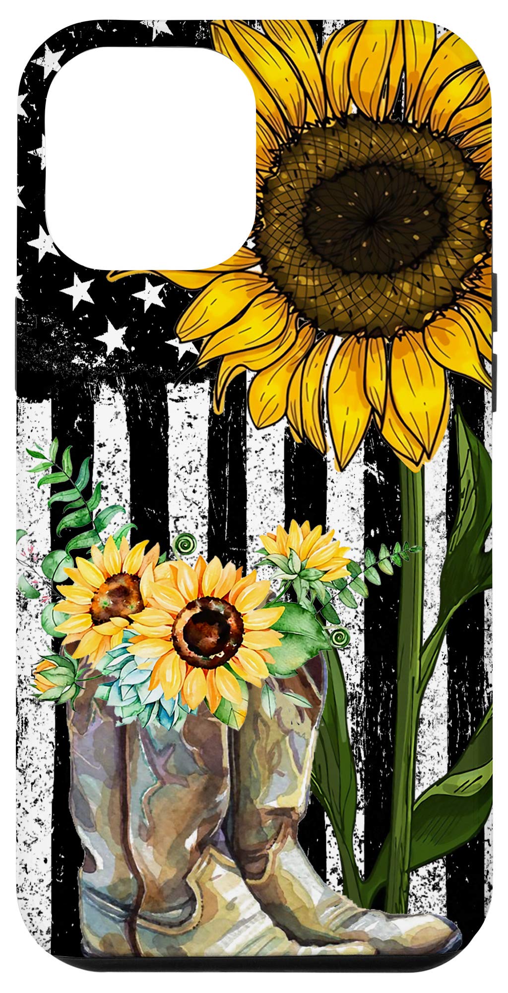 iPhone 12 Pro Max Case - American Flag & Sunflower Cowboy Boots Design - Western Rodeo Cowgirl Style - Perfect for Horse Riding, Country Music Festivals & Patriotic Events