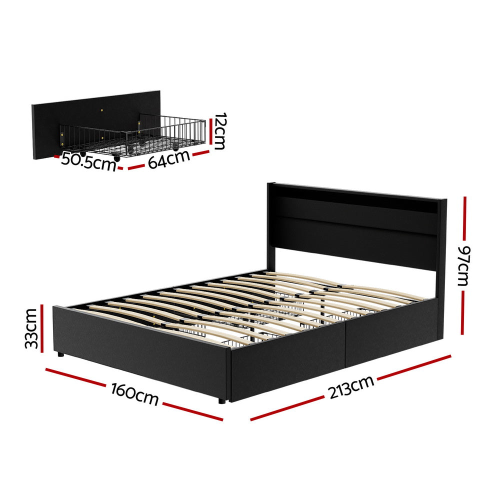 Dunelight LED Queen Size Bed Frame with 4 Storage Drawers - Modern Platform Bed with Underbed Storage & Ambient Lighting, Black - Perfect for Small Bedrooms, Guest Rooms & Dormitories