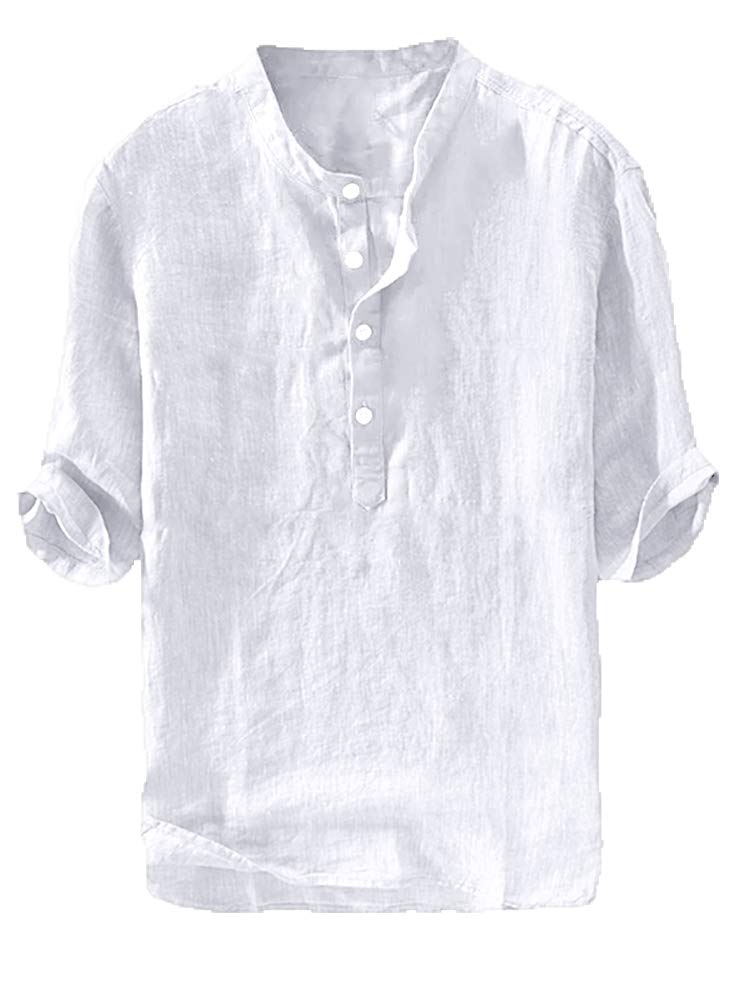 Ryannology Men's Linen Shirts - Casual 3/4 Sleeve Cotton Henley T-Shirt for Summer | Lightweight Breathable Beach & Yoga Top | Perfect for Outdoor Activities, Vacation Wear and Relaxation