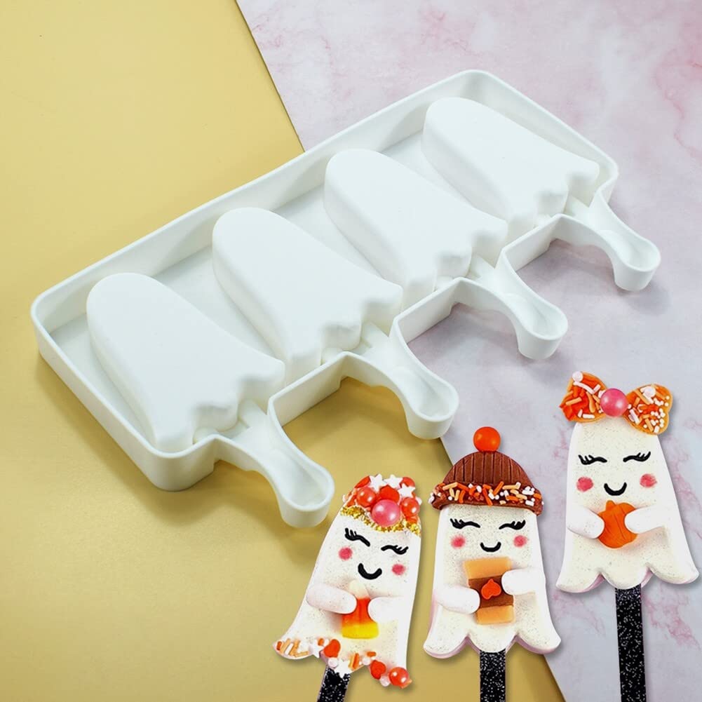 Ghost-Shaped Silicone Popsicle Molds - 4 Cavity Reusable Ice Pop Makers for Kids & Adults - Perfect for Halloween Treats, Summer Snacks, DIY Frozen Desserts, and Homemade Ice Cream