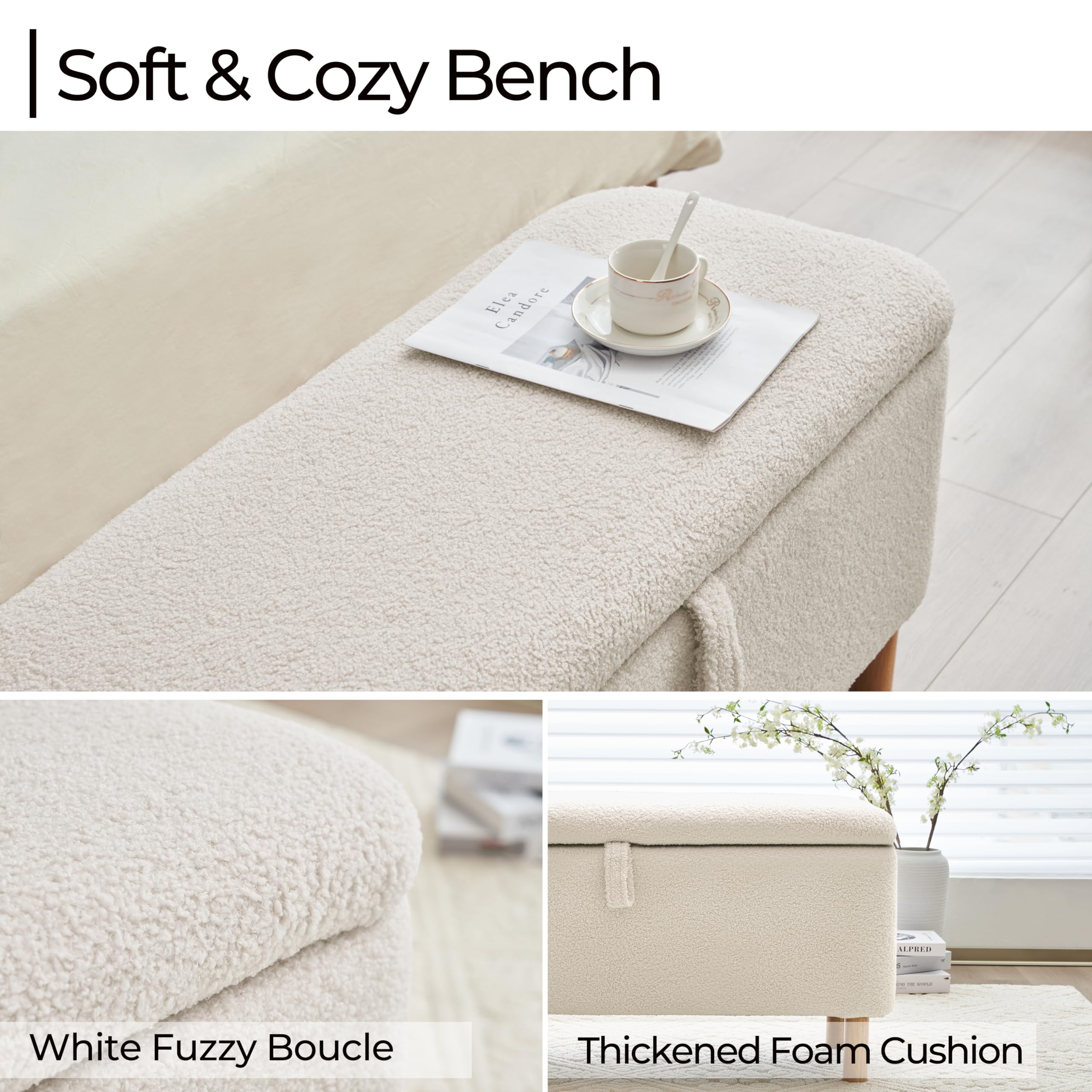 Sherpa Upholstered Storage Ottoman Bench - Rectangle Padded Blanket Chest for Bedroom, Living Room & Entryway | Multi-Functional Shoe Storage Seat with Cushion | Perfect for Bed Foot, Blanket Organization & Home Decor (Off White)