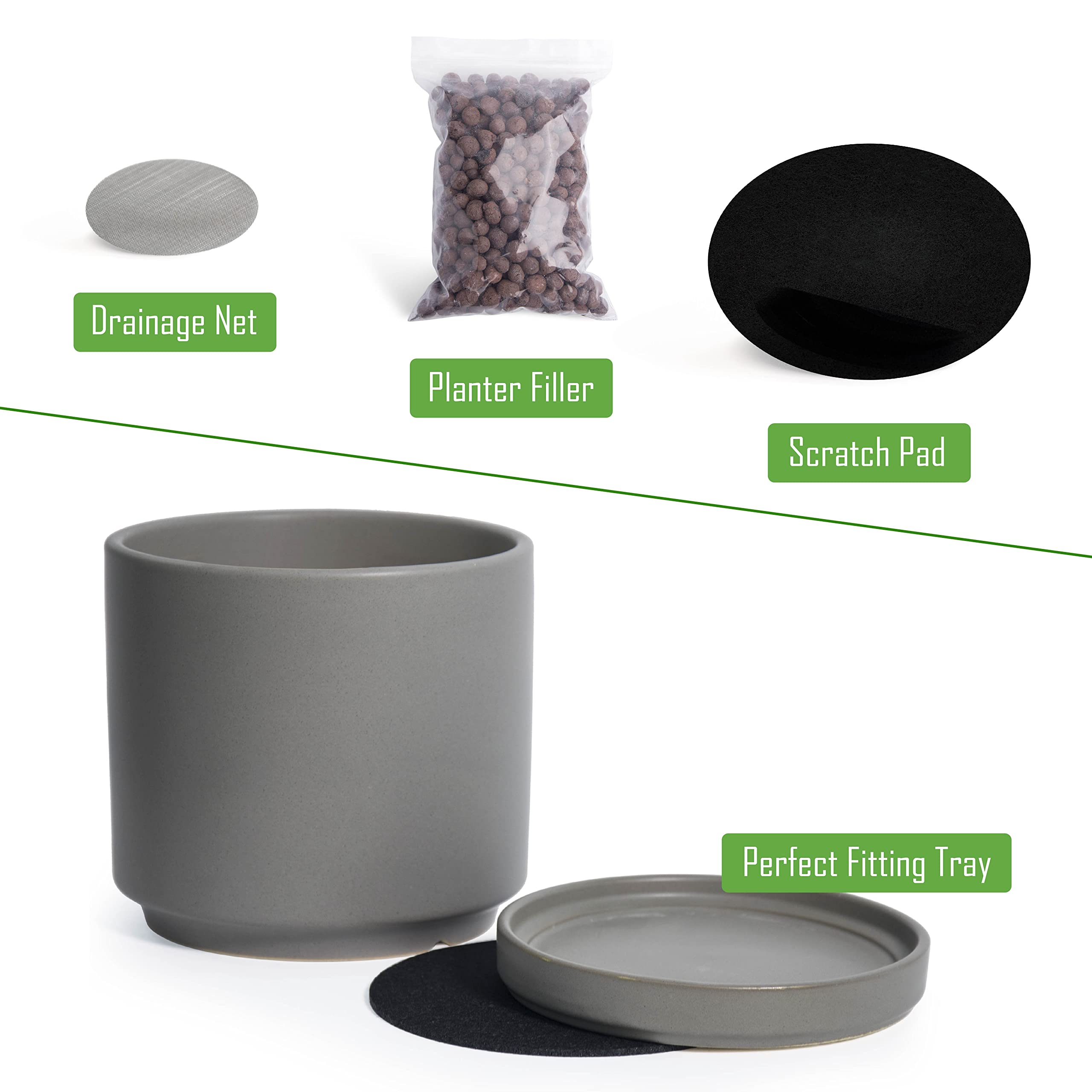 D'vine Dev Set of 2 - 10 Inch Ceramic Plant Pots with Drainage Hole & Saucer - Speckled Grey Indoor Flower Planters for Home Decor, Office, Living Room, Balcony (94-V-E-3)