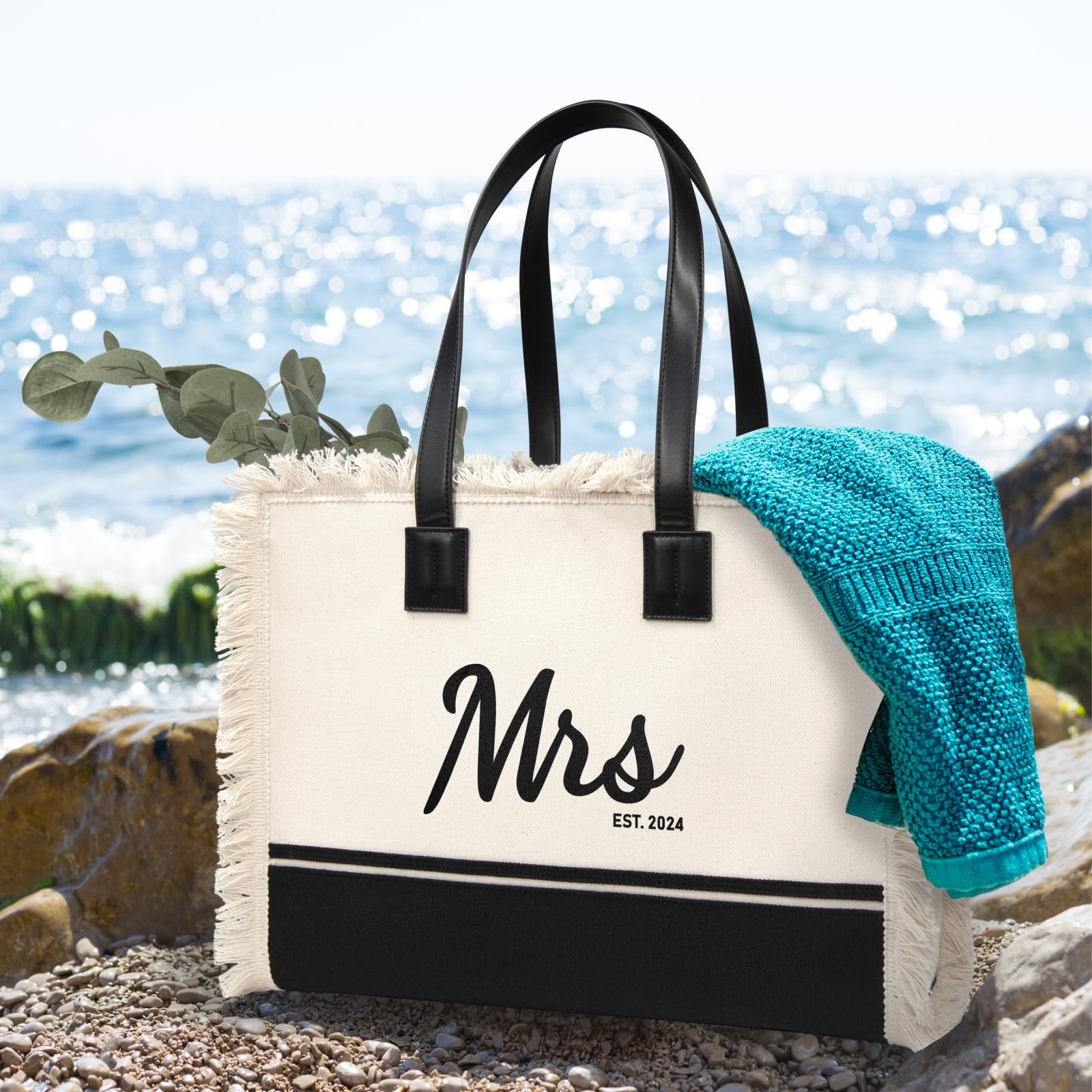 TOPDesign Mrs 2024 Bride Canvas Tote Bag - Perfect Bridal Shower, Bachelorette Party & Wedding Gift for Future Mrs - Large Black & White Wedding Accessory - Ideal for Bridesmaids, Engagement Parties & Honeymoon Travel