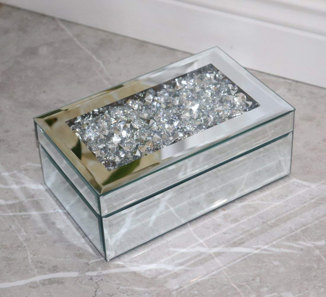 Luxury Silver Crushed Diamond Glass Jewelry Box Organizer - Elegant Mirror Storage Case for Necklaces, Rings & Earrings - Perfect for Women's Dresser, Wedding Gift & Travel Jewelry Organizer