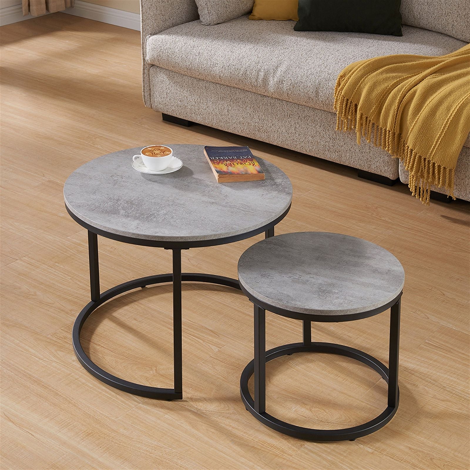 Censi ECHO 600 Nested Coffee Table Set - Modern Cement Finish Side & End Tables for Living Room, Lounge, Office - Space-Saving Nesting Design