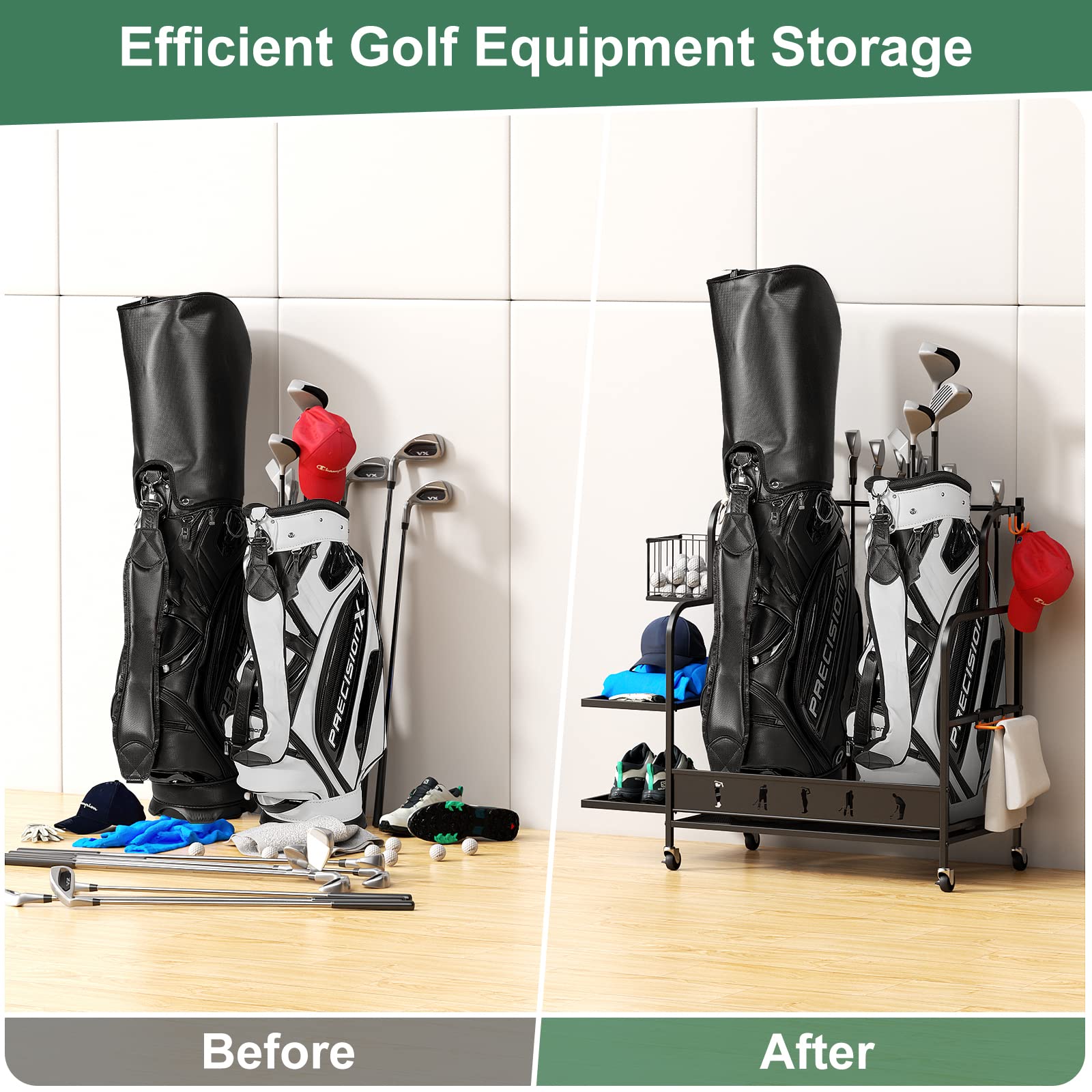 VOPEAK Golf Bag Stand & Organizer - Portable Golf Club Storage for Golf Balls & Equipment Accessories | Easy Assembly Golf Gear Organizer for Garage, Home & Golf Course Use