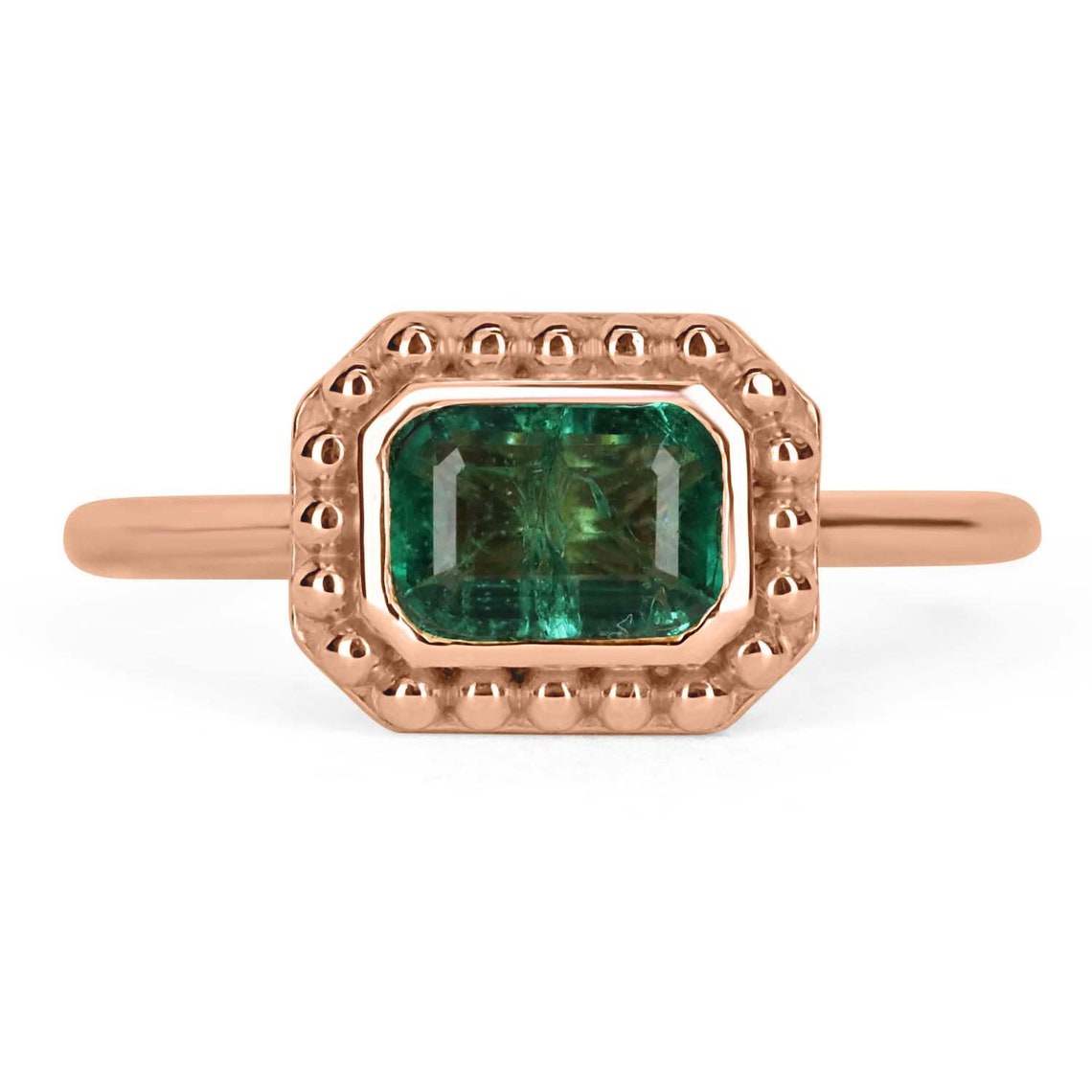 0.90ct Bezel Set Emerald Cut Solitaire Bead Ring in 14K Gold - Elegant Jewelry for Engagement, Wedding & Special Occasions