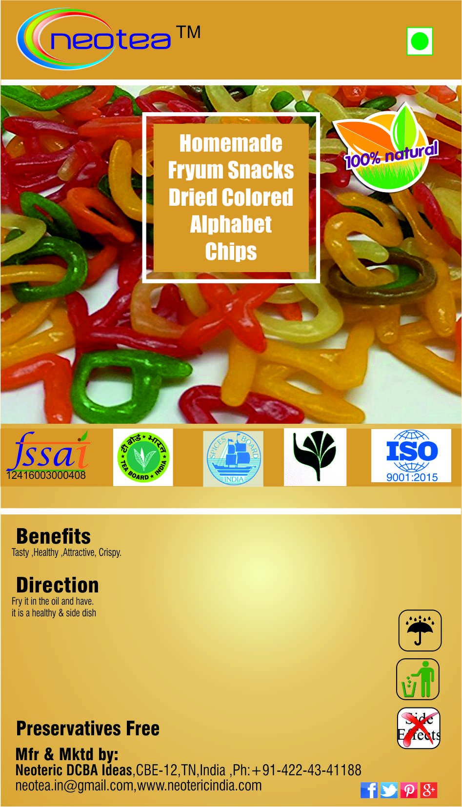 Neotea Homemade Fryum Snacks - Dried Colorful Alphabet Chips, 250g | Crunchy Vegan Snack for Kids Lunch, Party Favors & School Treats