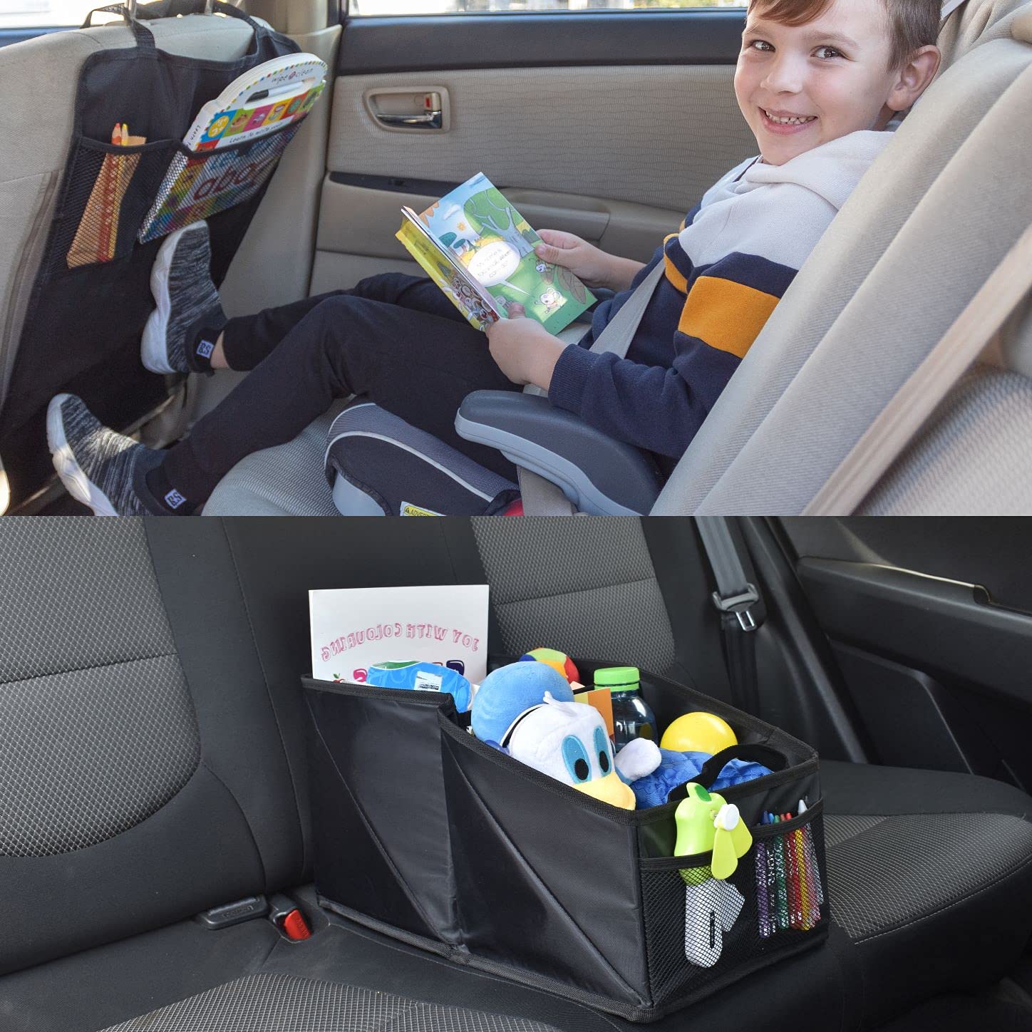 EcoNour Waterproof Car Kick Mats & Seat Organizer - Durable Back Seat Protector for Kids, Pets, Mud & Scratches - Multi-Purpose Car Storage Box for Toys, Snacks & Essentials - Perfect for Road Trips, School Runs & Family Travel