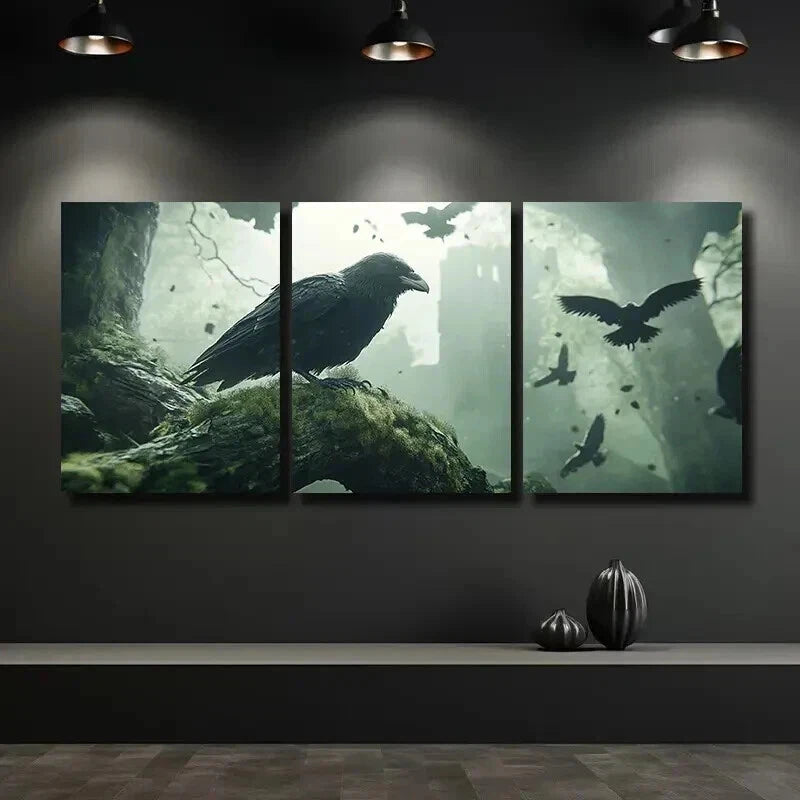 3-Piece Framed Canvas Wall Art Set - Raven Perched on Mossy Branch, 50x70cm | High-Quality Print, 100% Australian Made | Ready to Hang for Living Room, Bedroom, or Office Decor