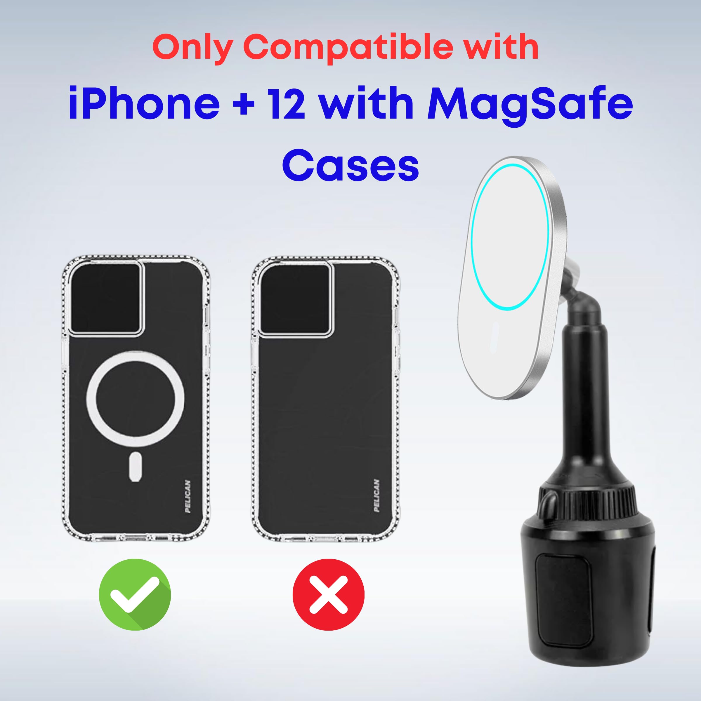 MagSafe Car Cup Holder Mount - 15W Fast Charging for iPhone 12/13/14/15 | Adjustable Extendable Arm with 360° Rotation | Compatible with MagSafe Cases | Perfect for Drivers & Passengers - Use While Commuting, Road Trips & Daily Driving